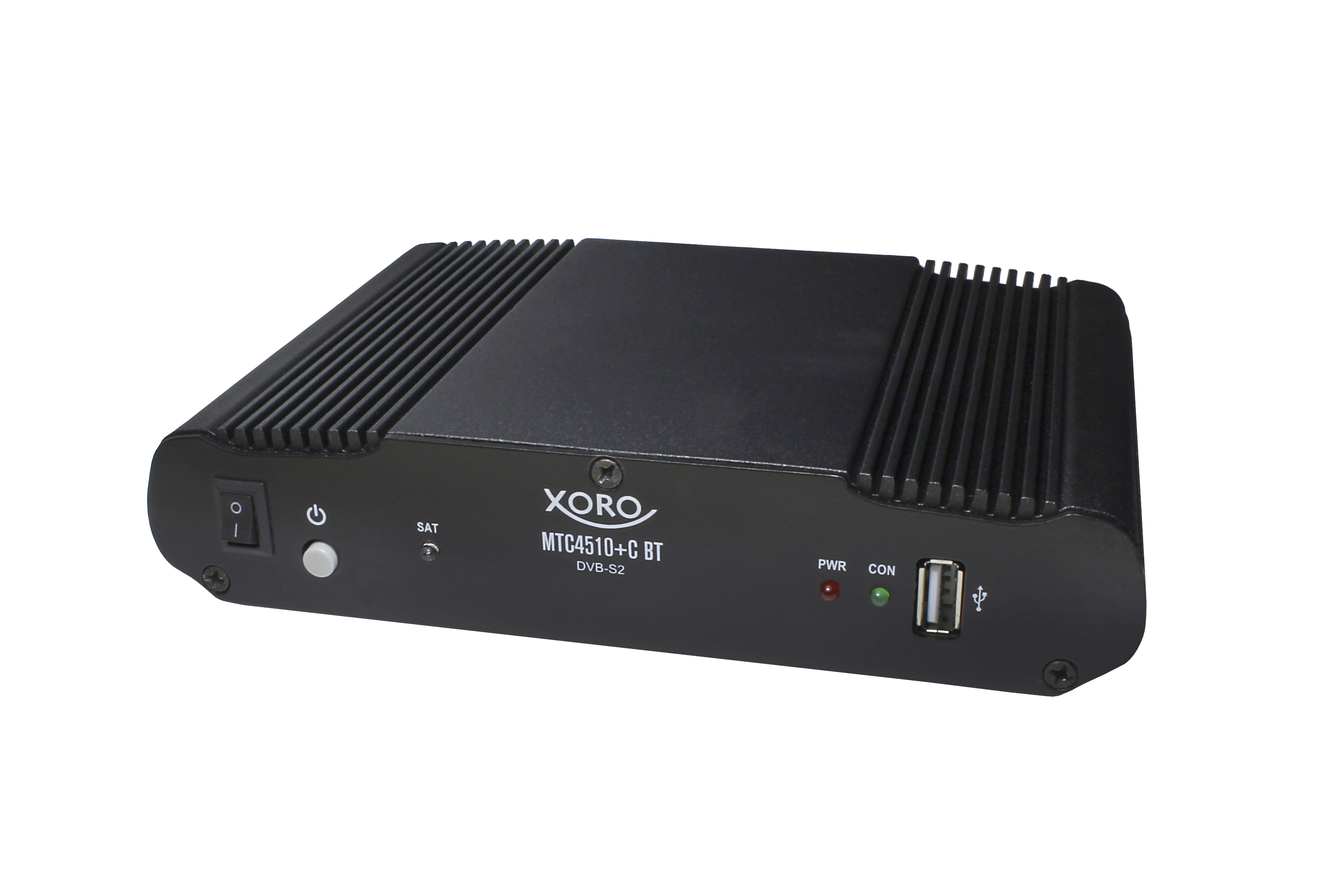Schwarze Xoro Digital-Empfängerbox mit Strom- und USB-Anschlüssen. Xoro und Modelltext sichtbar.