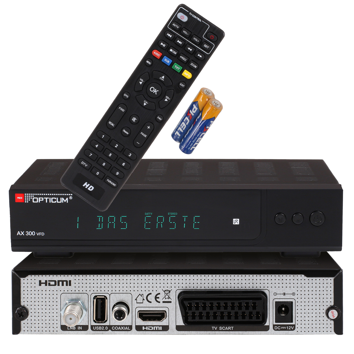 RED DVB-S, mit HD-TV AX I Satelliten-Receiver Sat V Receiver VFD Digitaler DVB-S2, 12 (HDTV, Receiver 300 - OPTICUM DVB-S2 Display schwarz) alphanumerischem