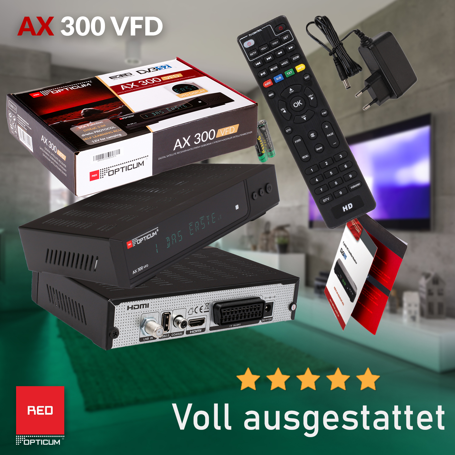 RED OPTICUM Receiver VFD alphanumerischem 12 AX Sat Digitaler I - V DVB-S, Display schwarz) DVB-S2, HD-TV mit 300 Receiver DVB-S2 Satelliten-Receiver (HDTV