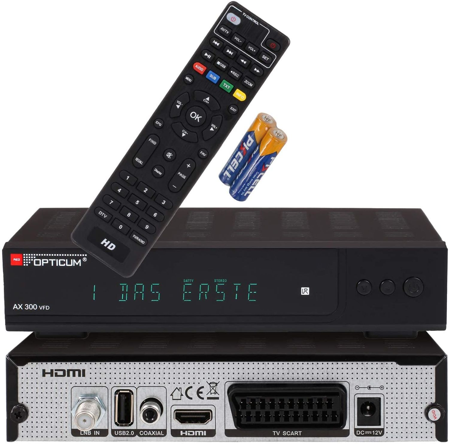 RED DVB-S, mit HD-TV AX I Satelliten-Receiver Sat V Receiver VFD Digitaler DVB-S2, 12 (HDTV, Receiver 300 - OPTICUM DVB-S2 Display schwarz) alphanumerischem
