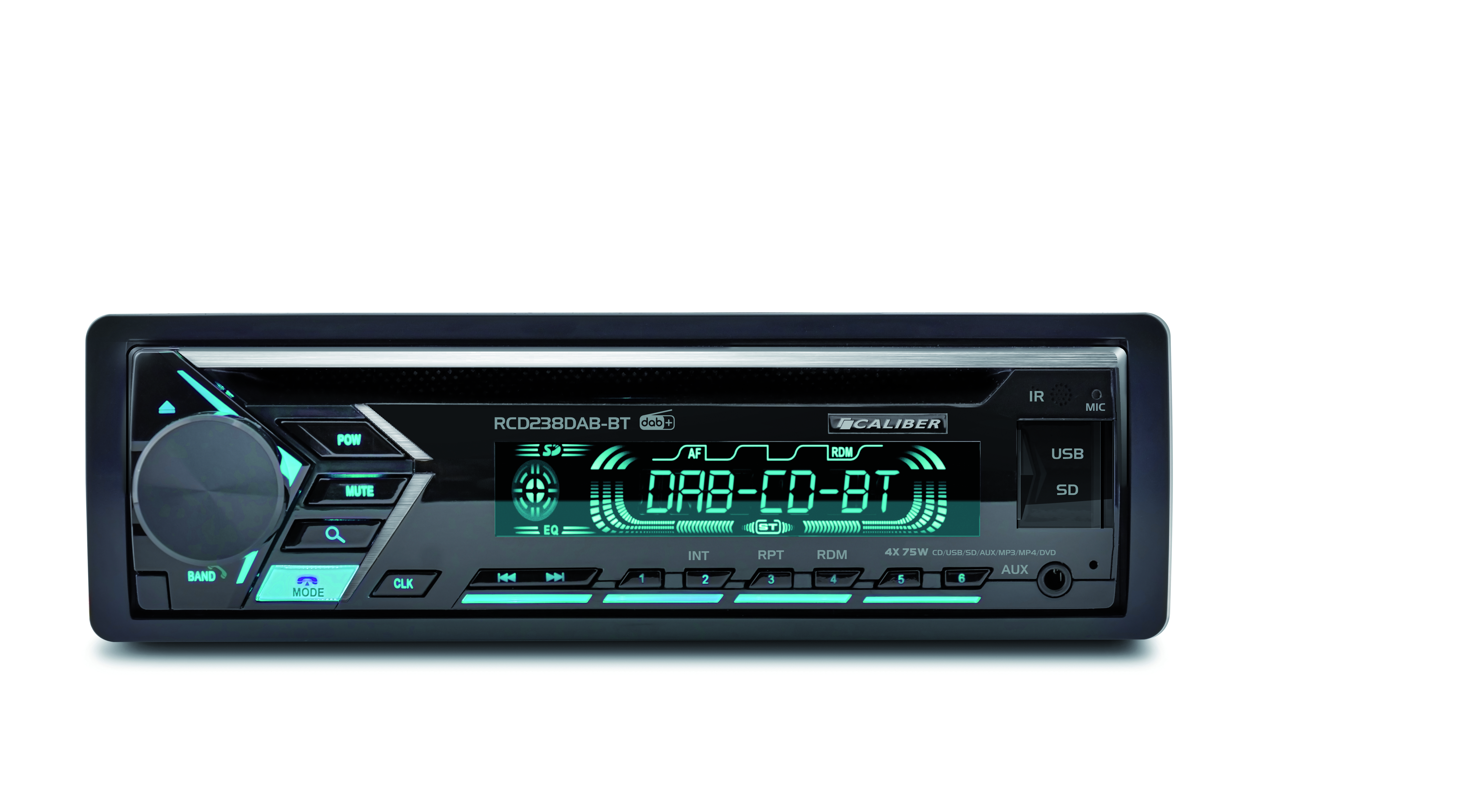 A car stereo with a display. It shows the time and radio information.