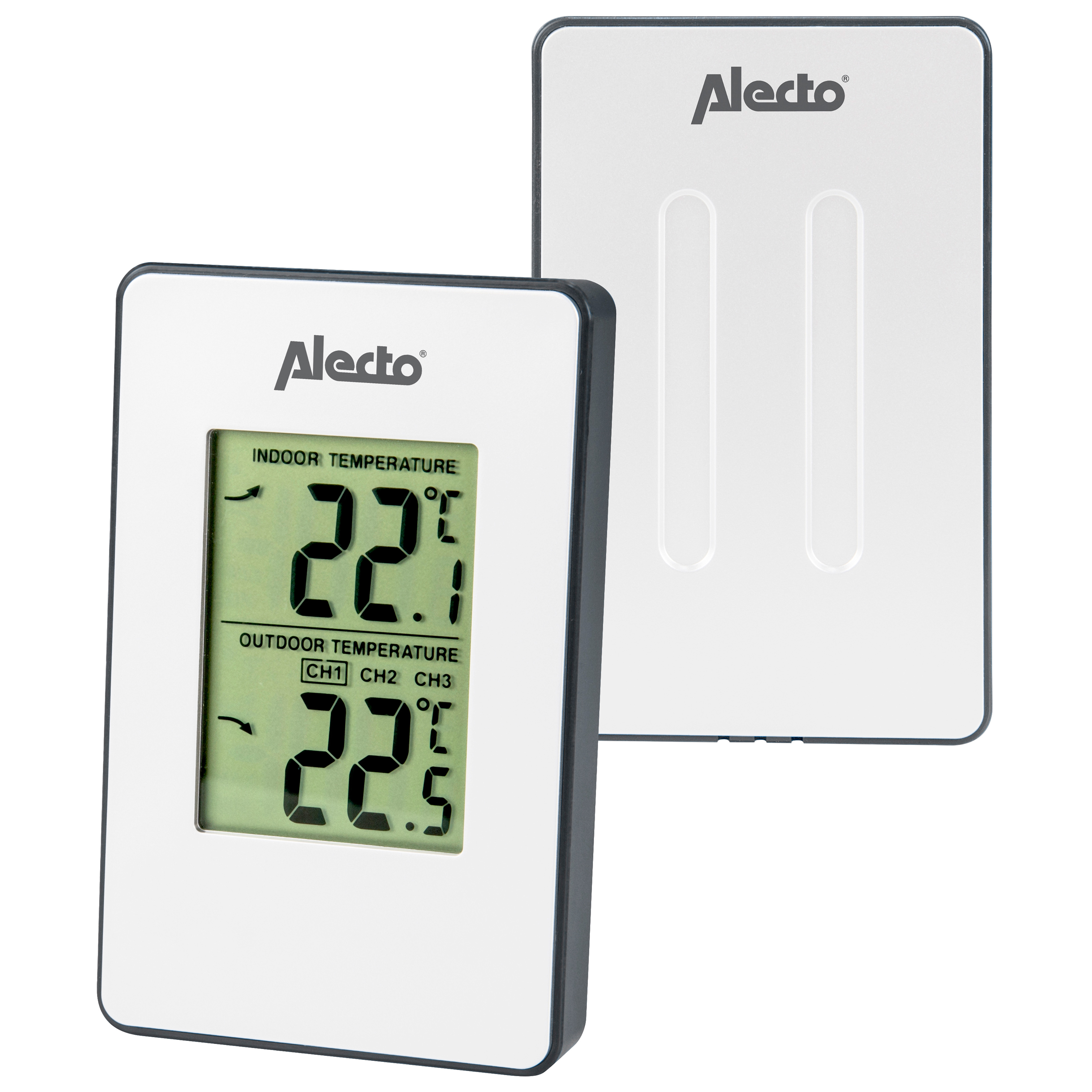 Weiße Alecto Wetterstation mit Innen- und Außentemperaturen. Weißer Hintergrund.