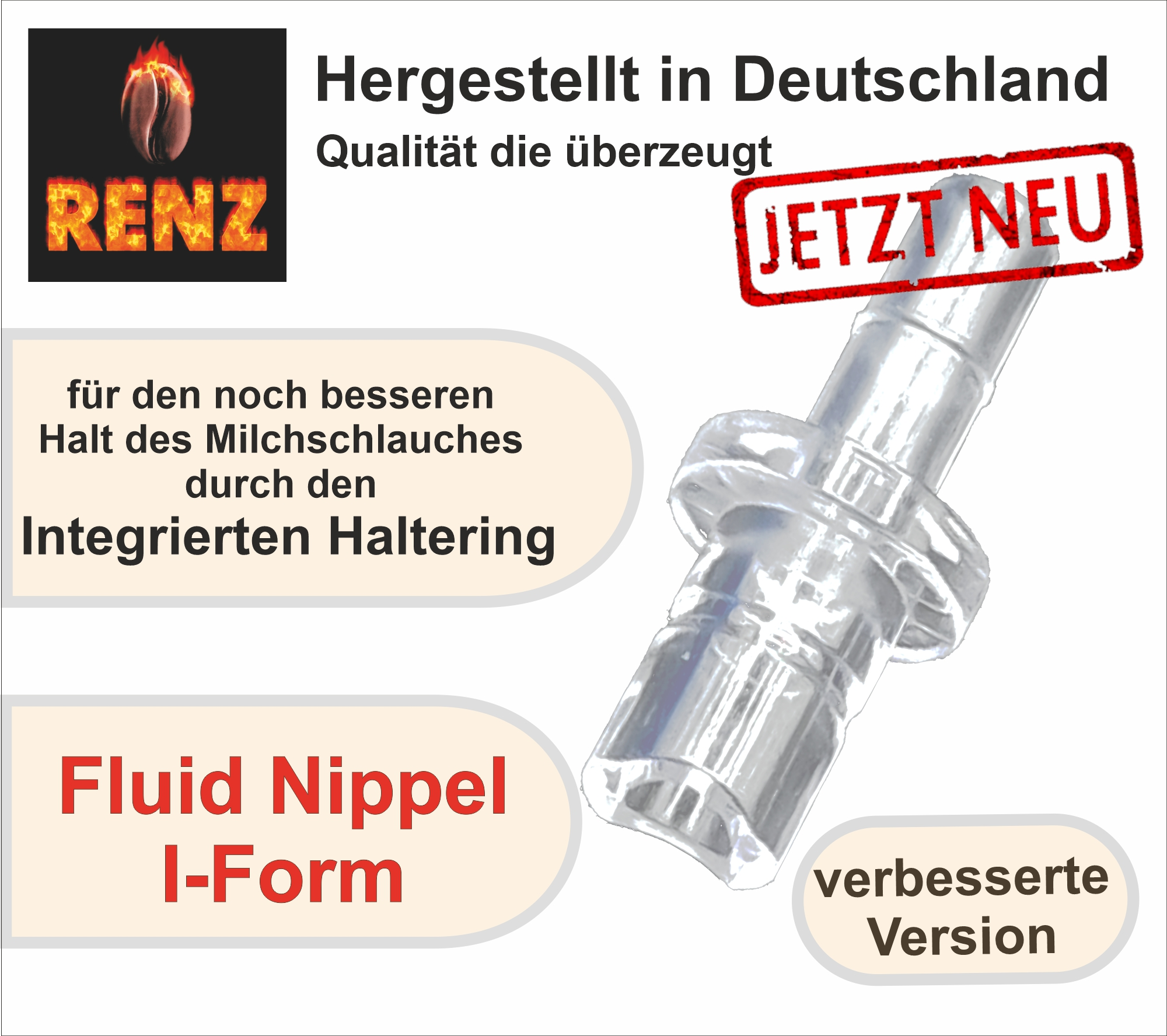 Bild mit Text und einem durchsichtigen Kunststoff-Flüssigkeitsnippel. Es ist als I-Form und verbesserte Version gekennzeichnet.