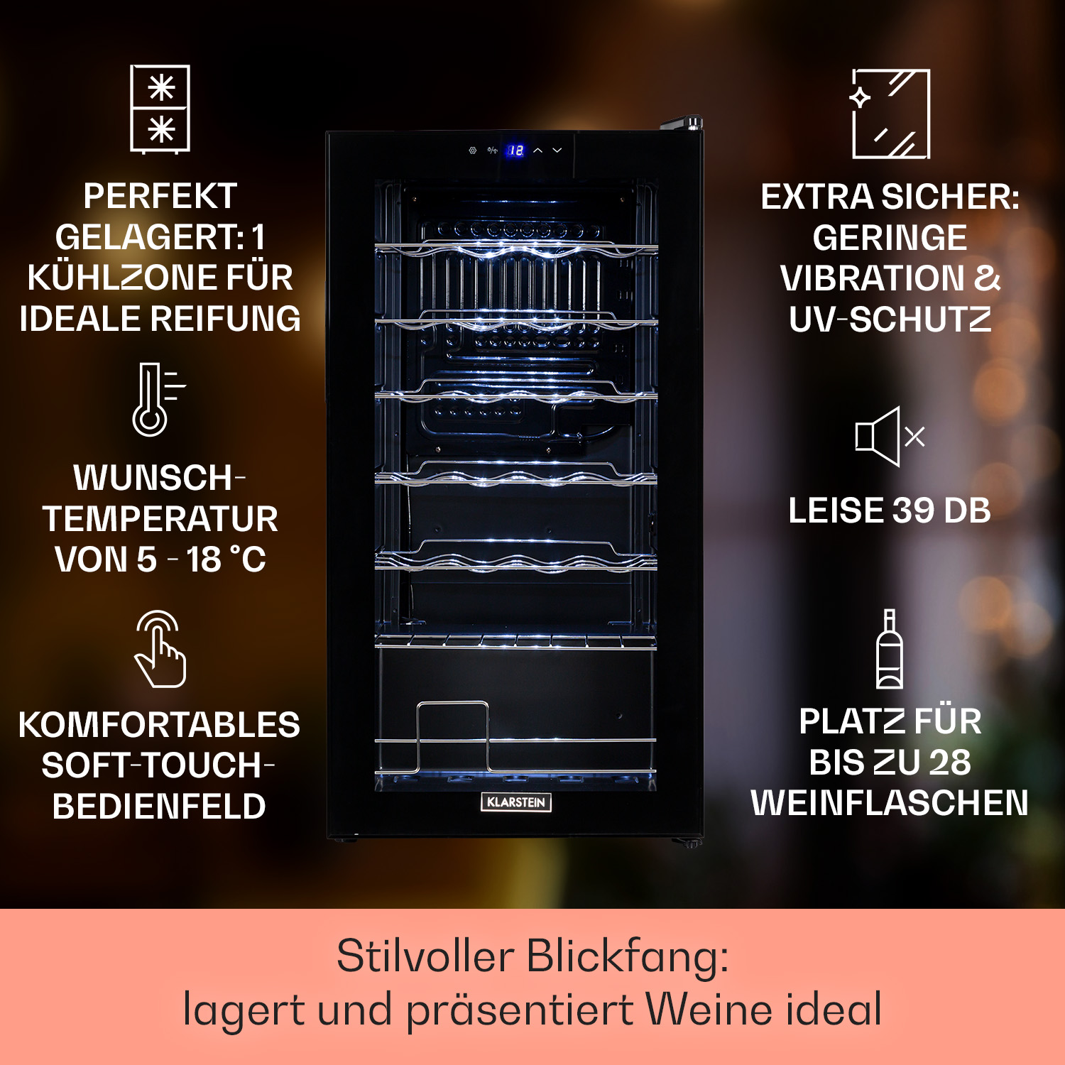 Ein schwarzer Weinkühler mit Glastür, der Weinflaschen zeigt, und Text auf Deutsch.