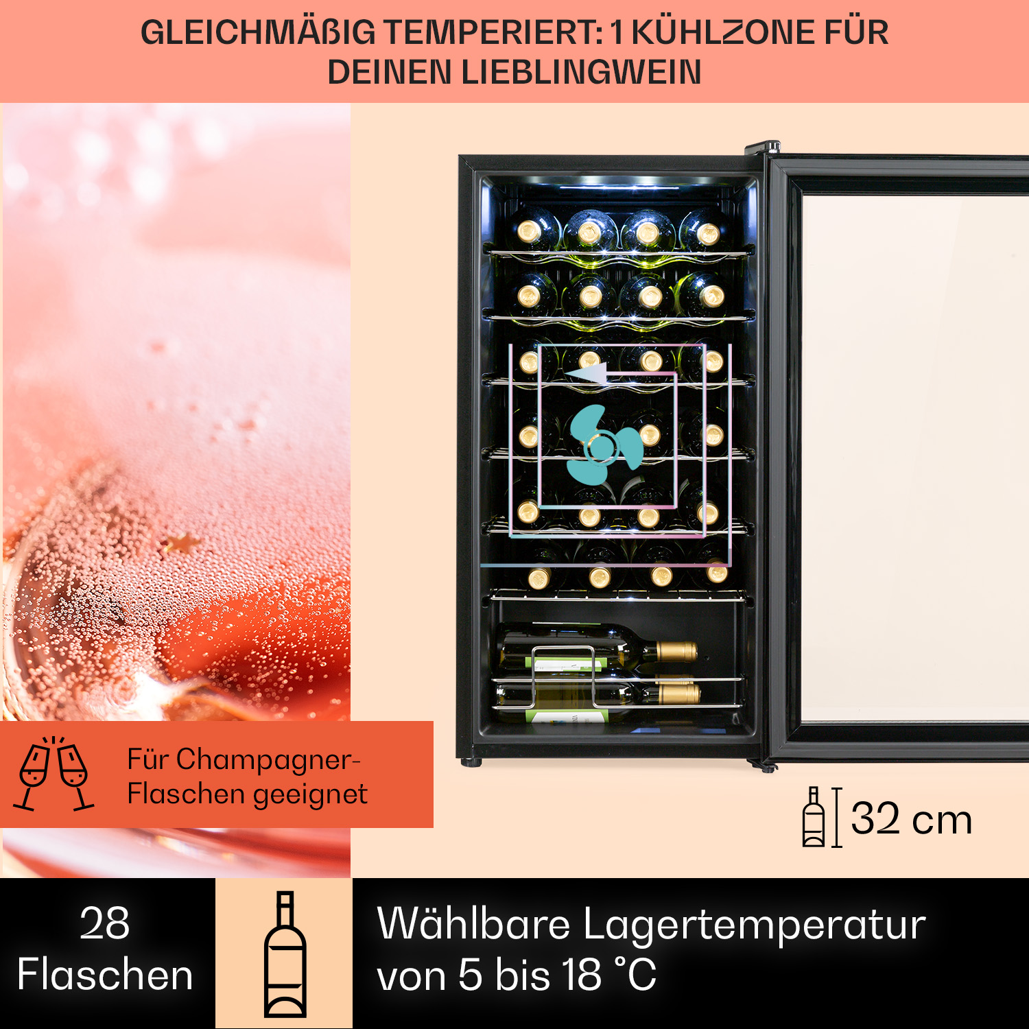 Weinkühler mit Weinflaschen. Ein Glas rosa Champagner. Text: 'GLEICHMÄßIG TEMPERIERT: 1 KÜHLZONE'.