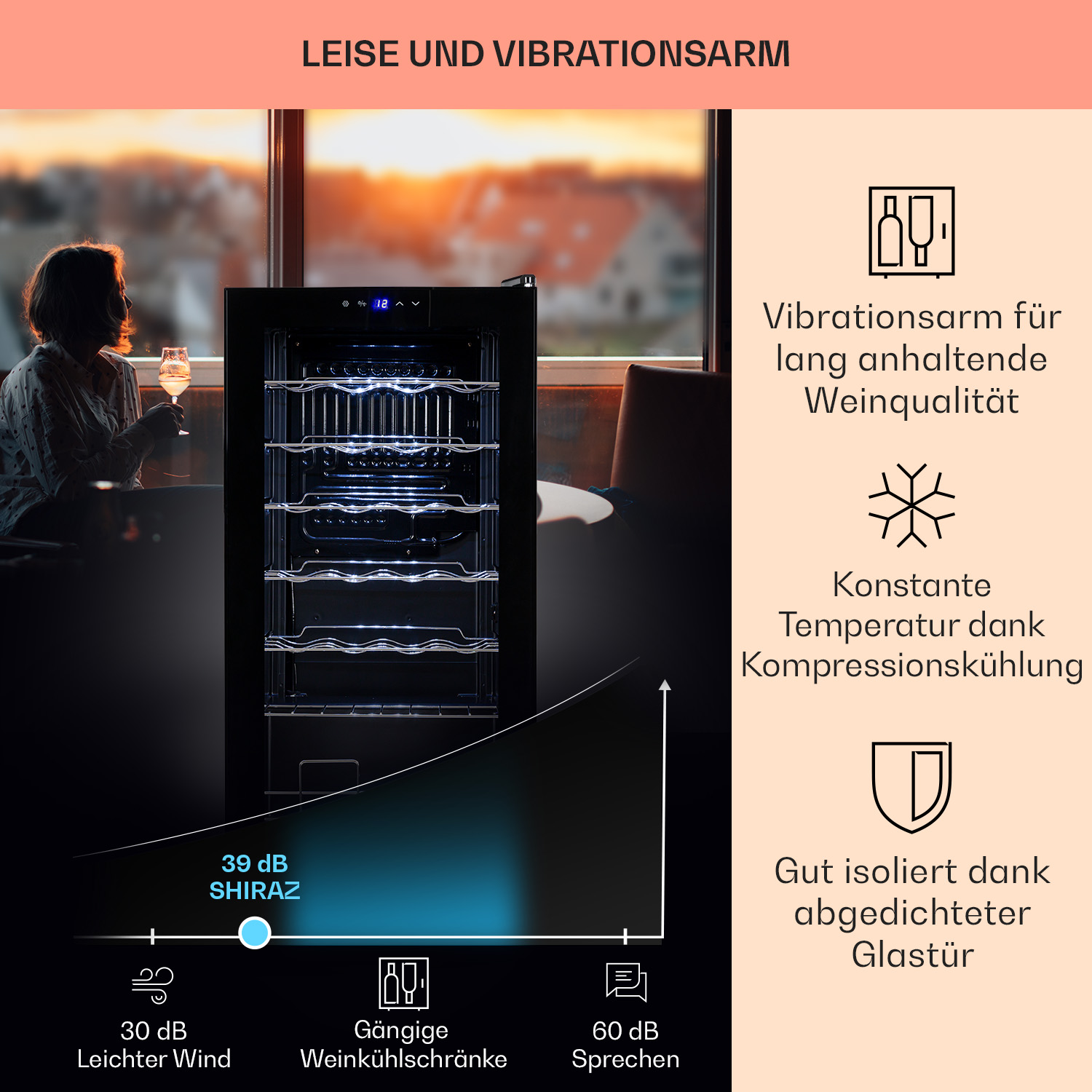 Weinkühlschrank mit Frau, die ein Weinglas hält. Text zu Lärm und Weinqualität.