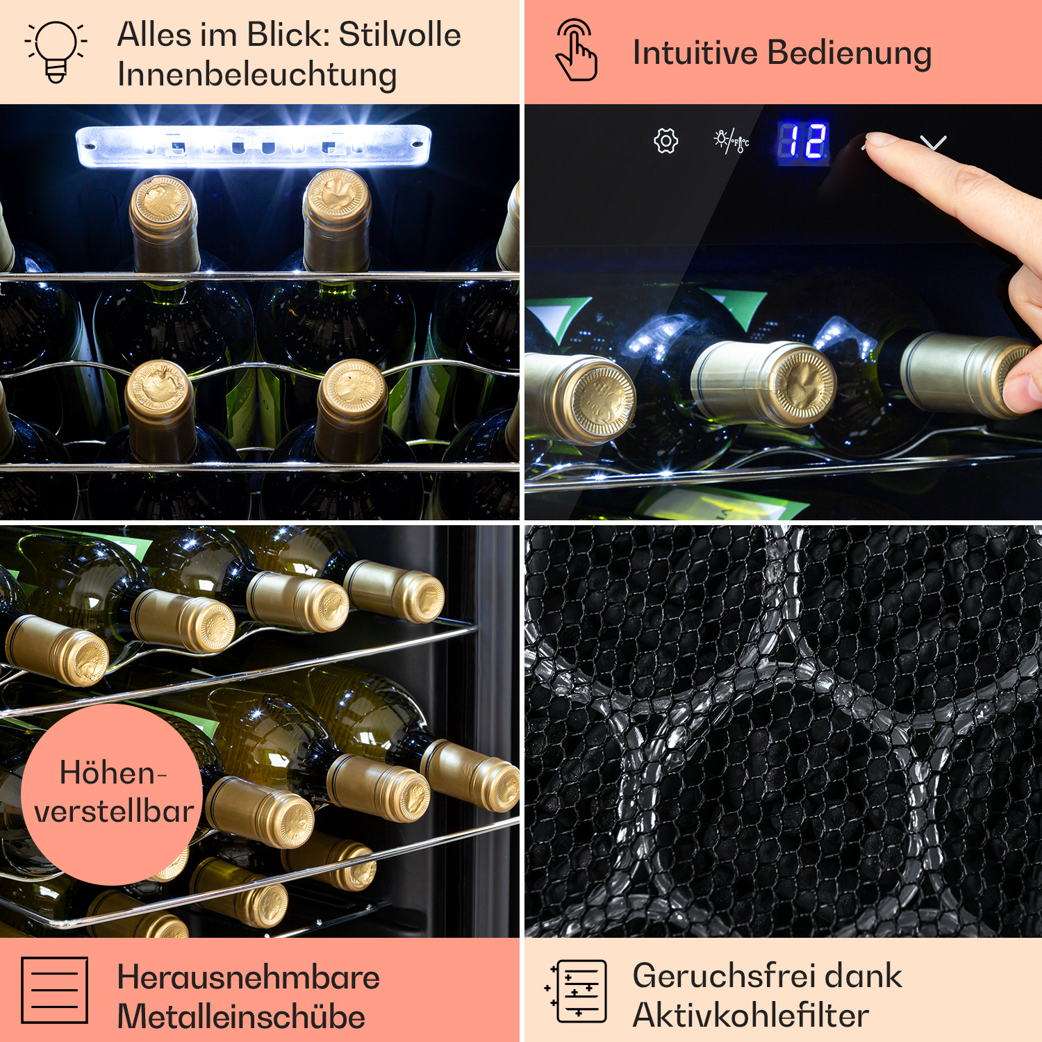 Ein mehrteiliges Bild eines Weinkühlers, das seine Eigenschaften und Details zeigt.