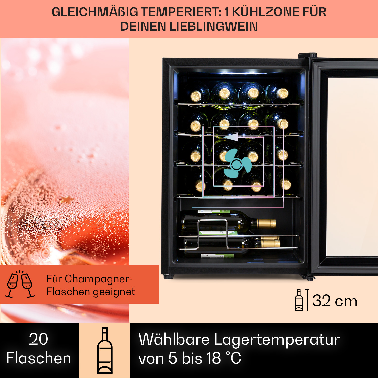 Cantinetta con bottiglie e testo. Bottiglie di champagne, 20 bottiglie e intervallo di temperatura da 5 a 18°C.