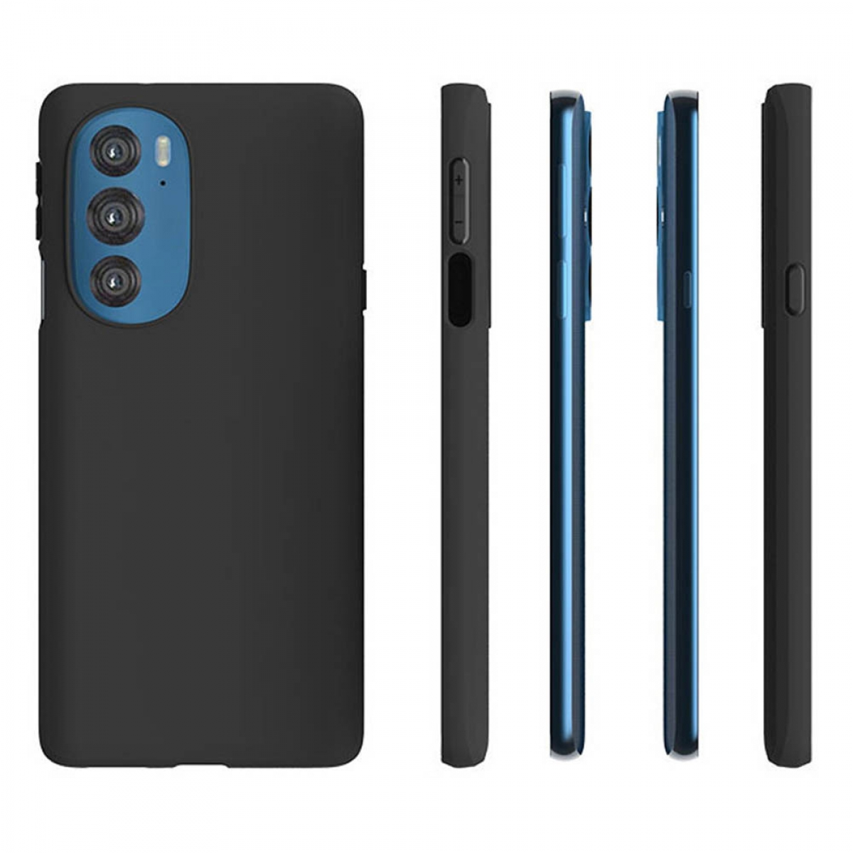 Ein schwarzes Telefon mit blauen Kameradetails. Mehrere Ansichten zeigen das Design und die Kamera.