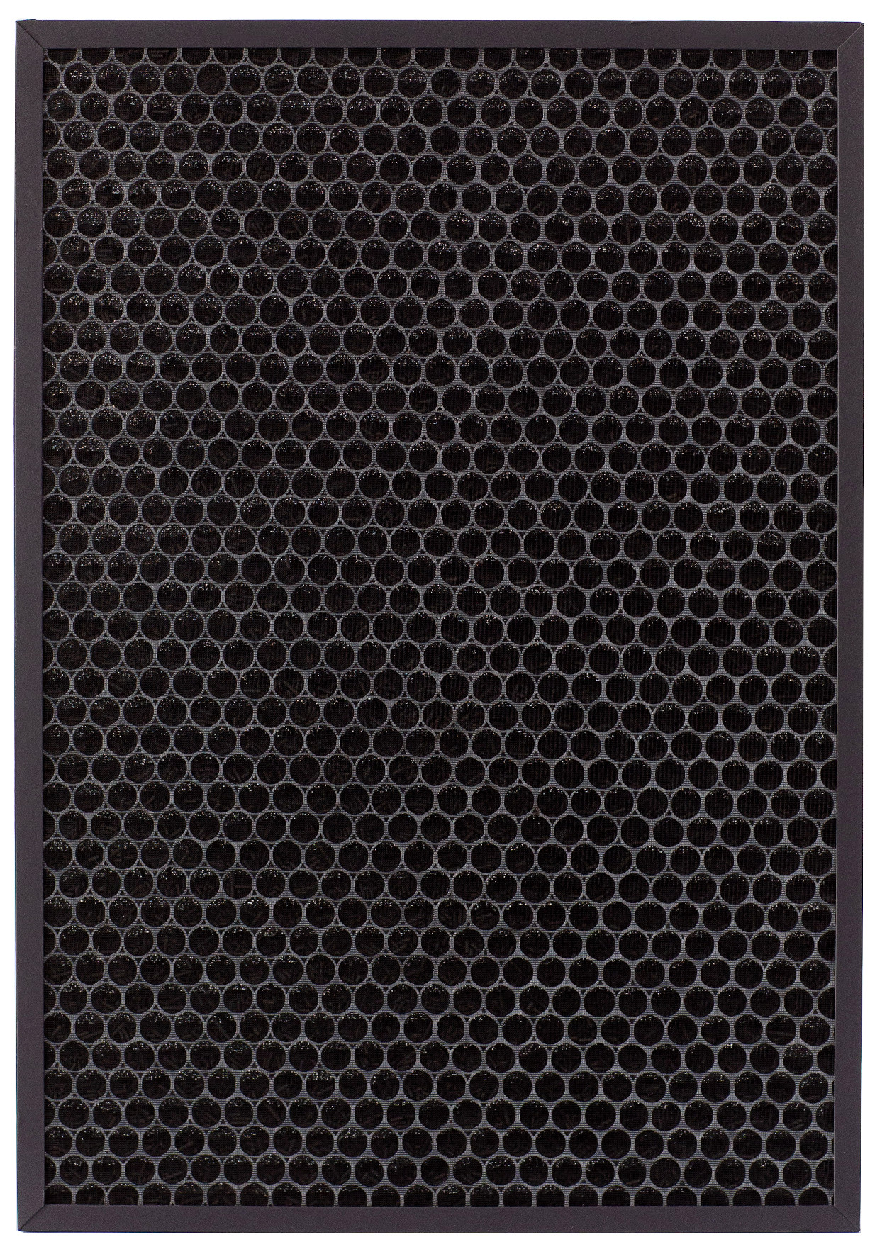Ein schwarzer Luftfilter mit Wabenmuster. Der Filter hat einen dunkelgrauen Rahmen.