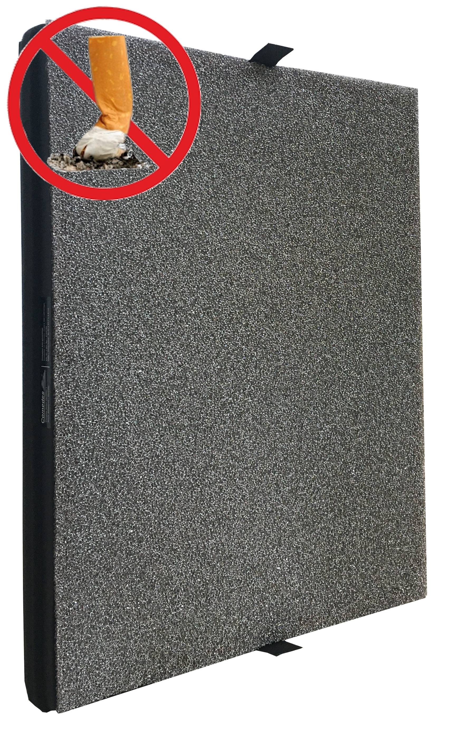 Grauer Schaumstofffilter. Roter Kreis mit durchgestrichener Zigarette. Schwarze Kanten. Weißer Hintergrund.