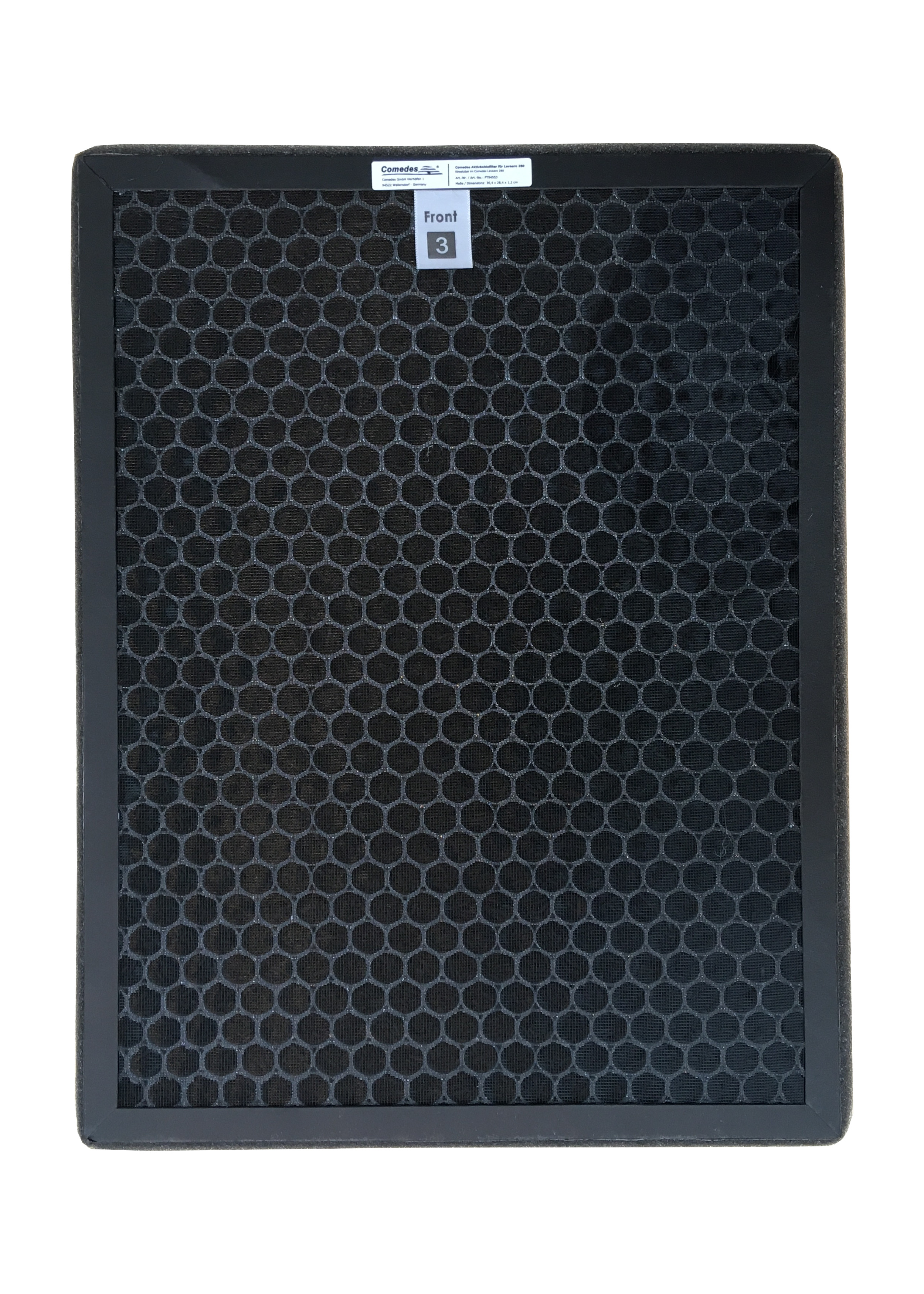 Ein schwarzer Luftfilter mit Wabenmuster. Aufkleber: Front 3. Der Filter hat einen dunklen Rahmen.