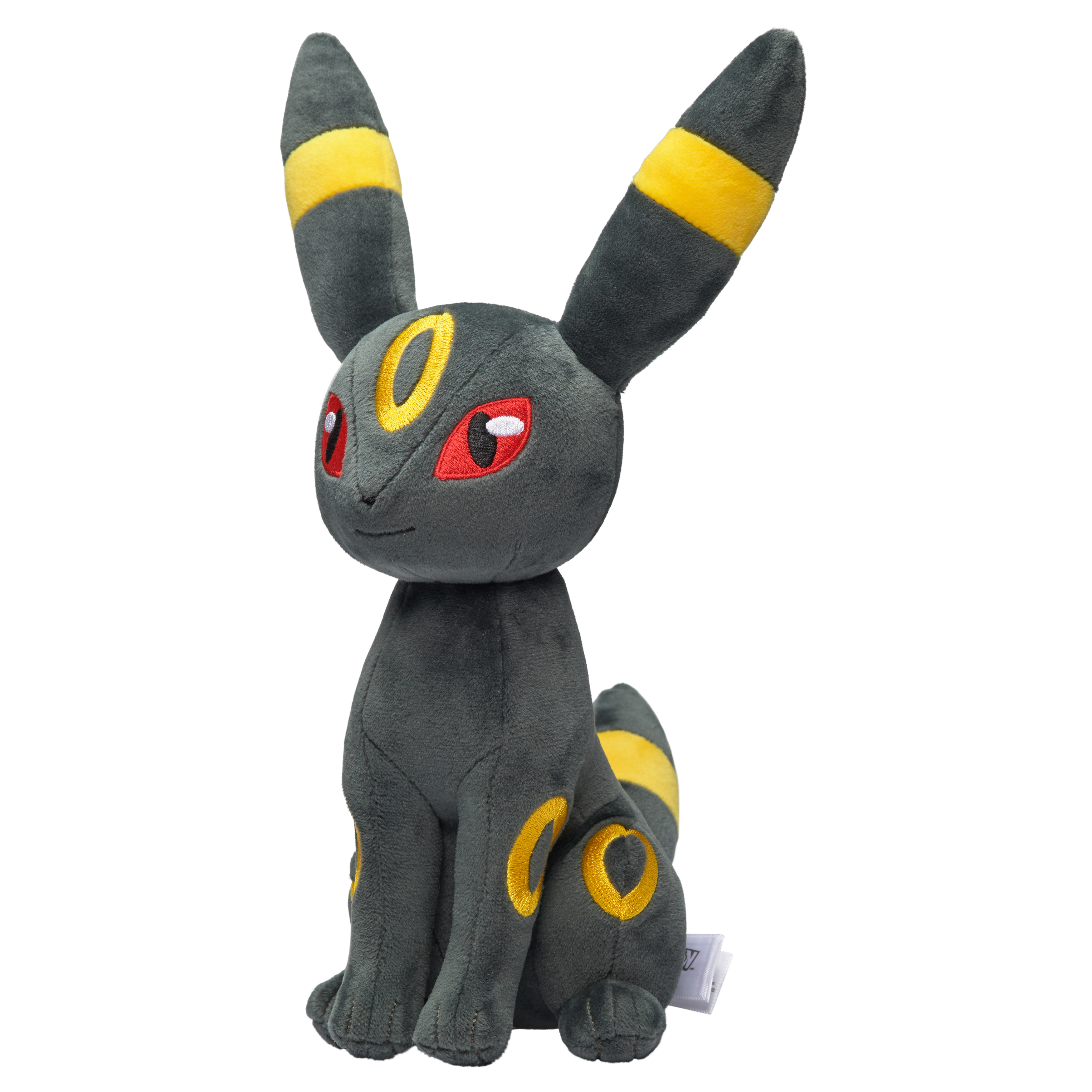 Umbreon-Plüschtier, sitzend, mit gelben Markierungen und roten Augen.