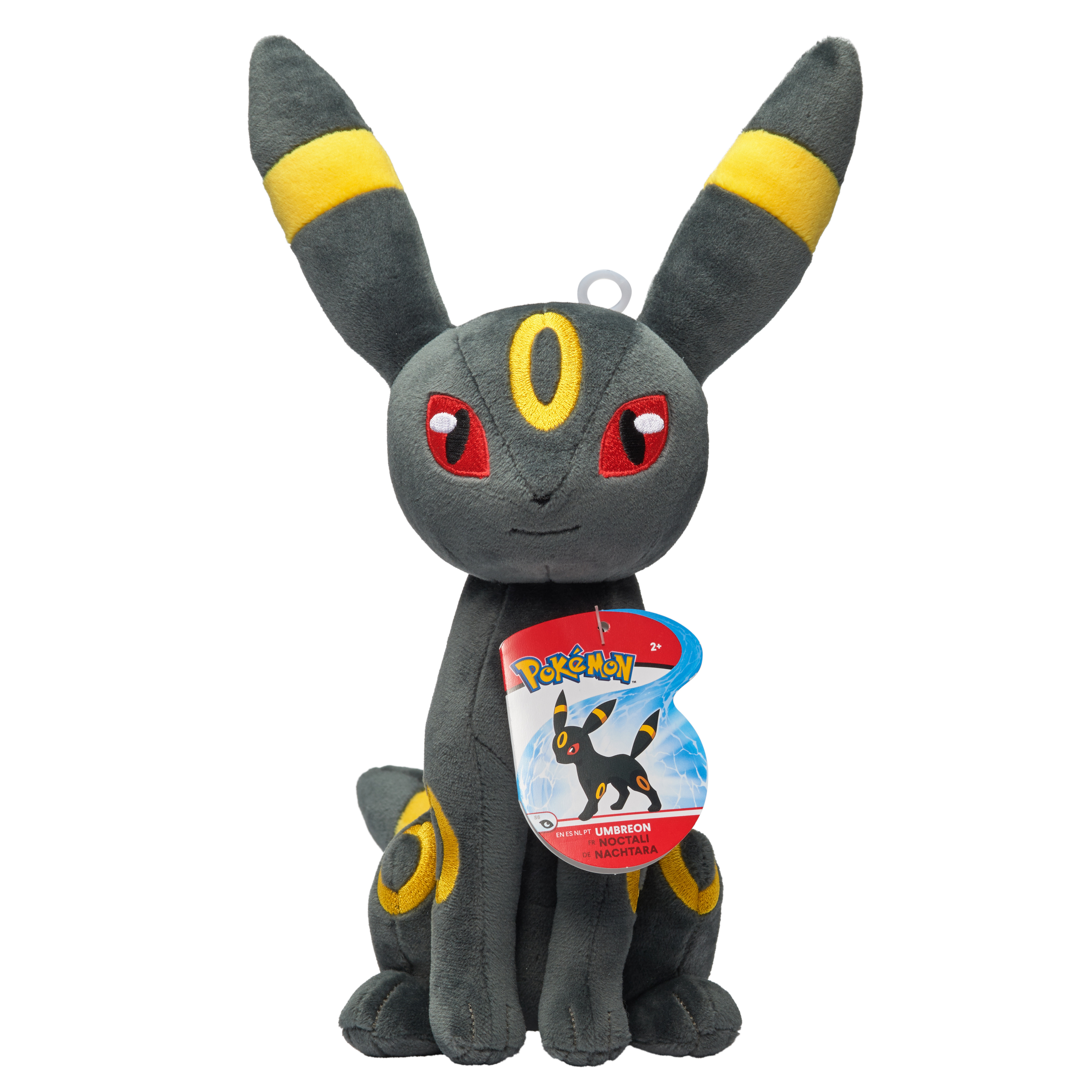Umbreon-Plüschtier mit schwarzem Fell, gelben Akzenten und einem Gesicht mit roten Augen. Hat ein Etikett von Pokémon.