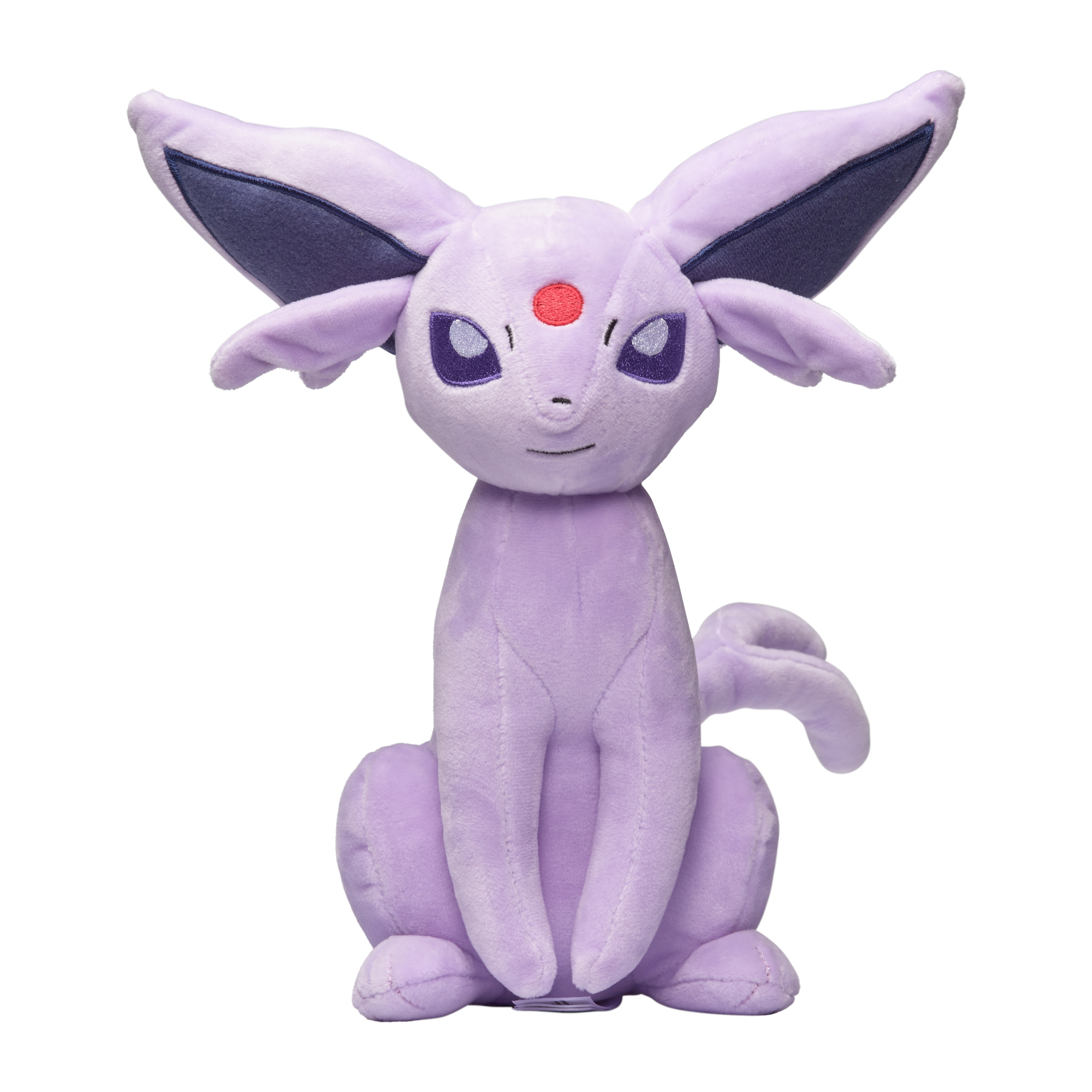 Lila Espeon-Plüschtier, aufrecht sitzend, mit großen Ohren, einem roten Edelstein und lila Augen.