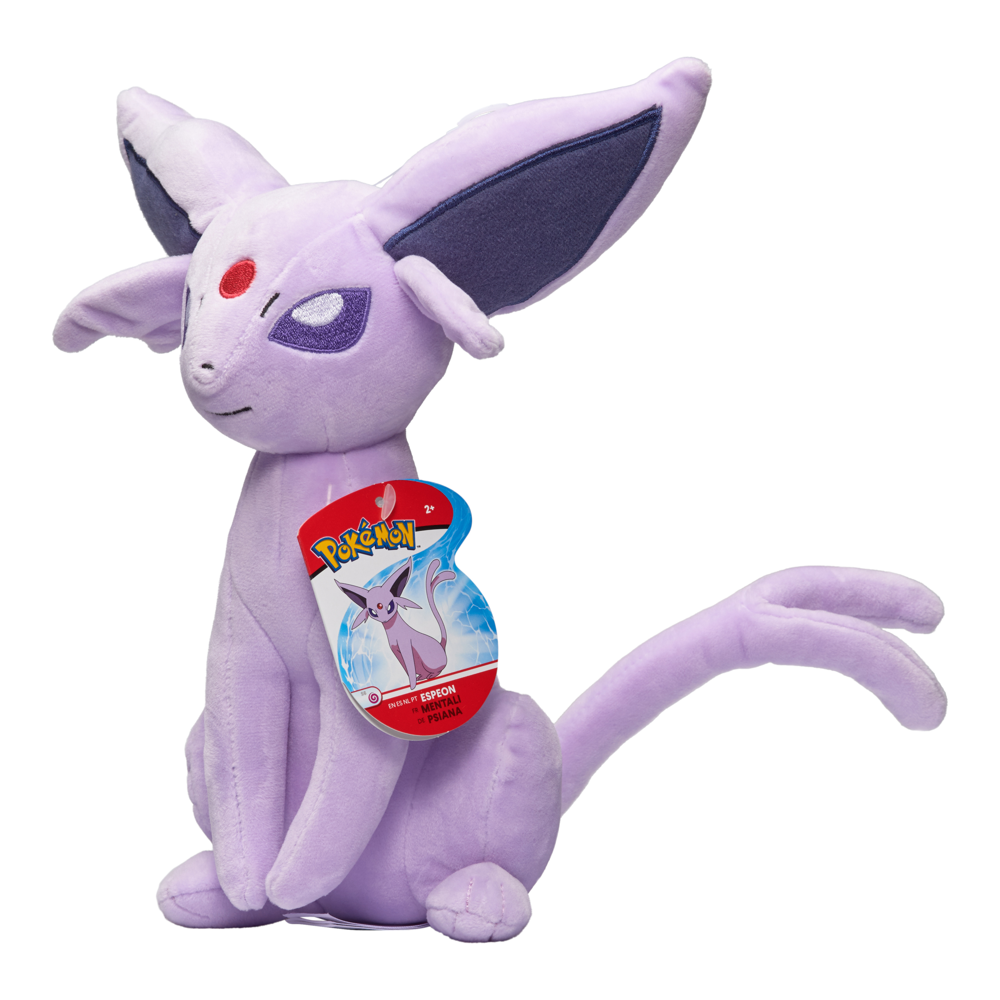 Lila Pokemon-Plüsch, Espeon, mit Anhänger. Es sitzt und blickt nach links.
