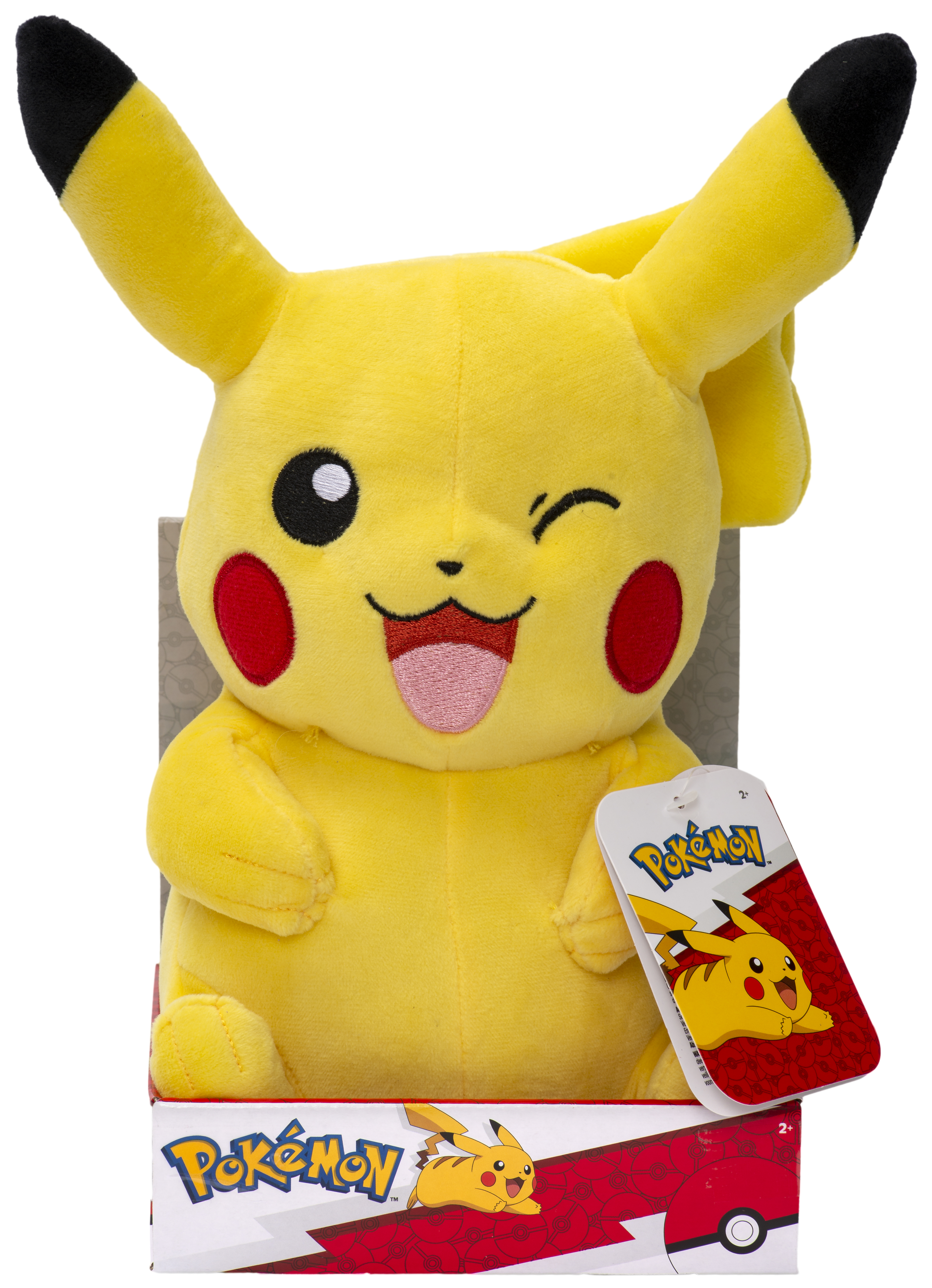 Gelbes Pikachu-Plüschtier zwinkert, sitzt in einer Schachtel, mit einem Etikett.