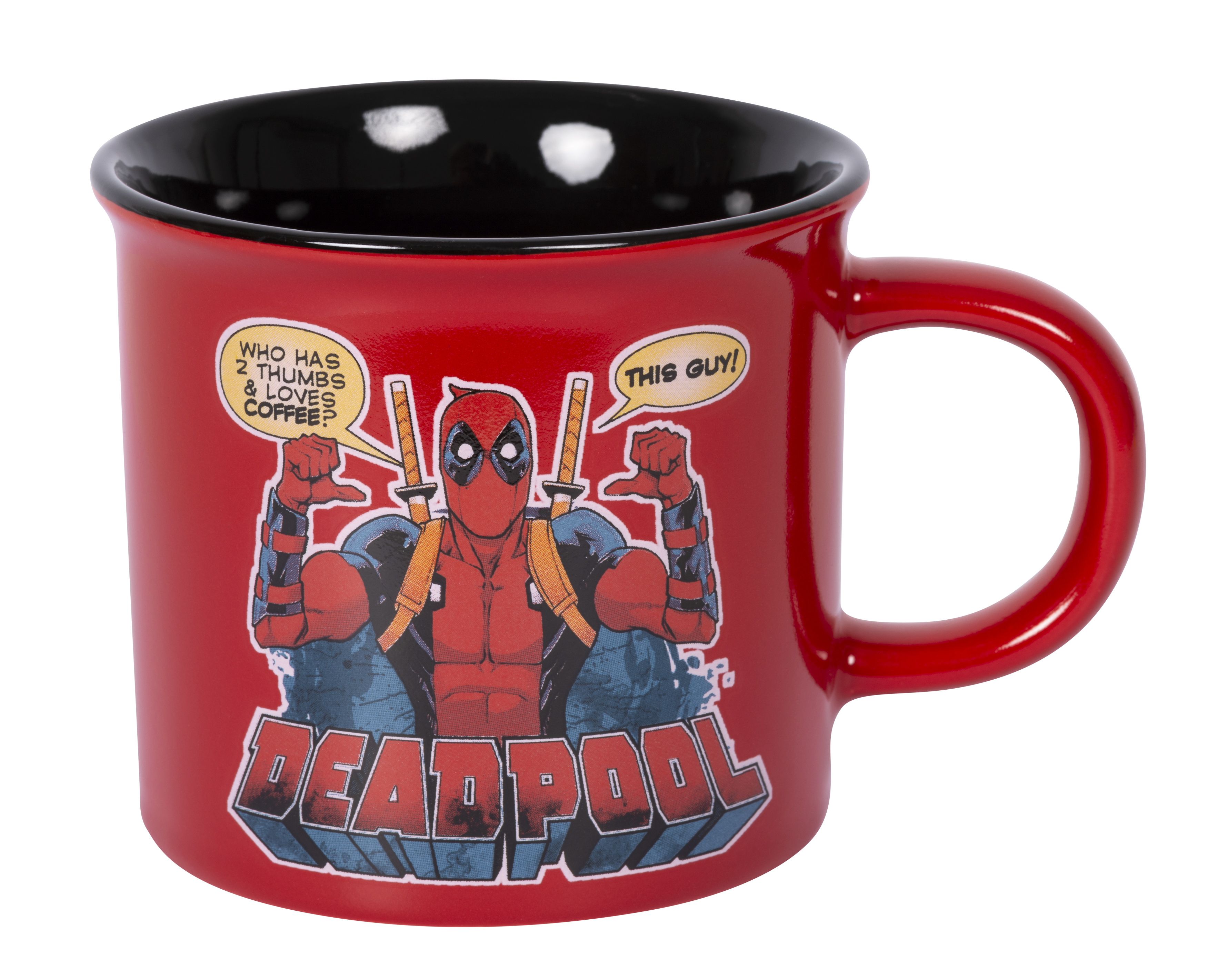 Eine rote Deadpool-Tasse mit Deadpool-Grafik und Text, schwarzem Innenraum und Henkel.