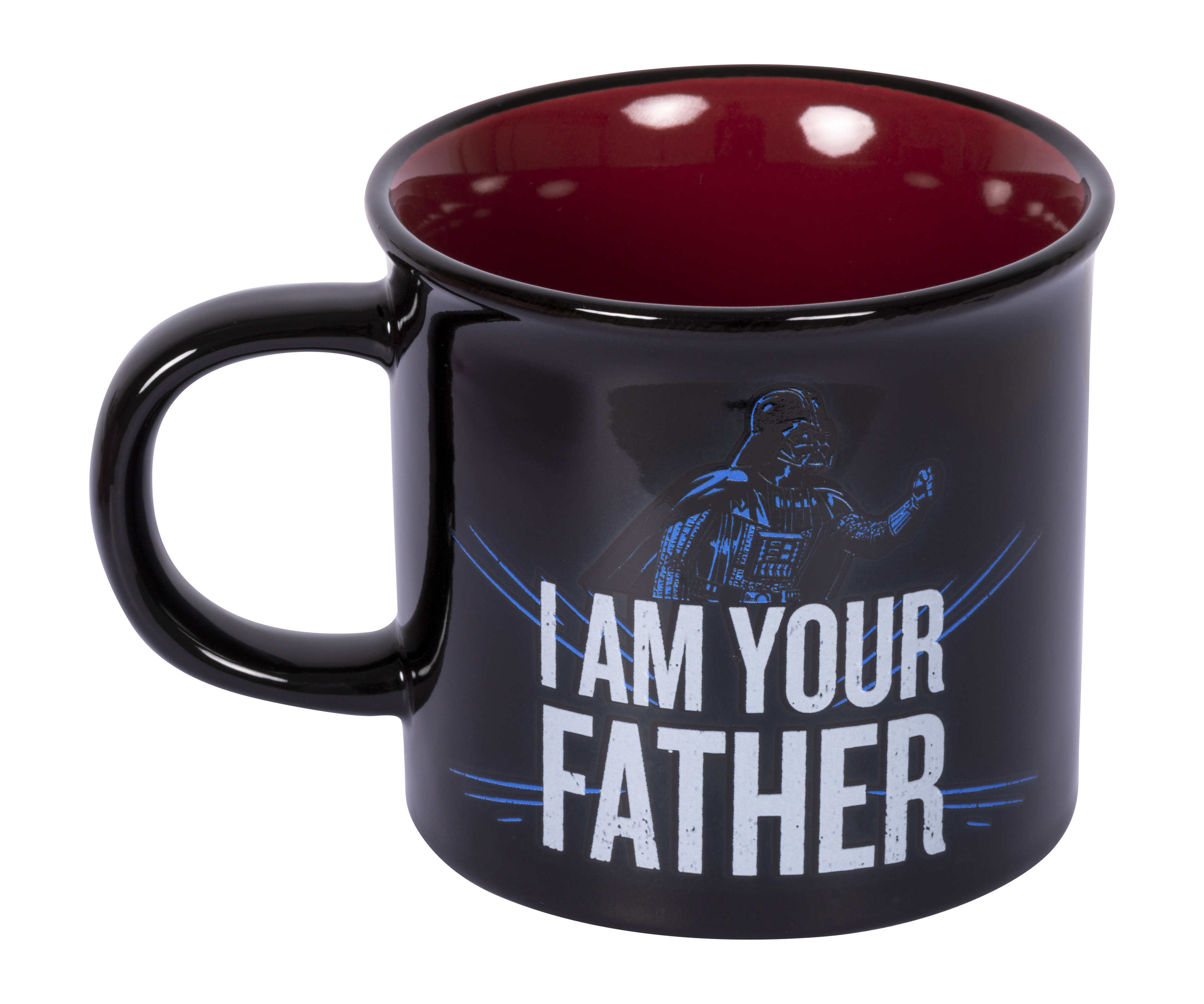 Schwarze Tasse mit "I AM YOUR FATHER" und Darth Vader-Bild. Roter Innenraum.