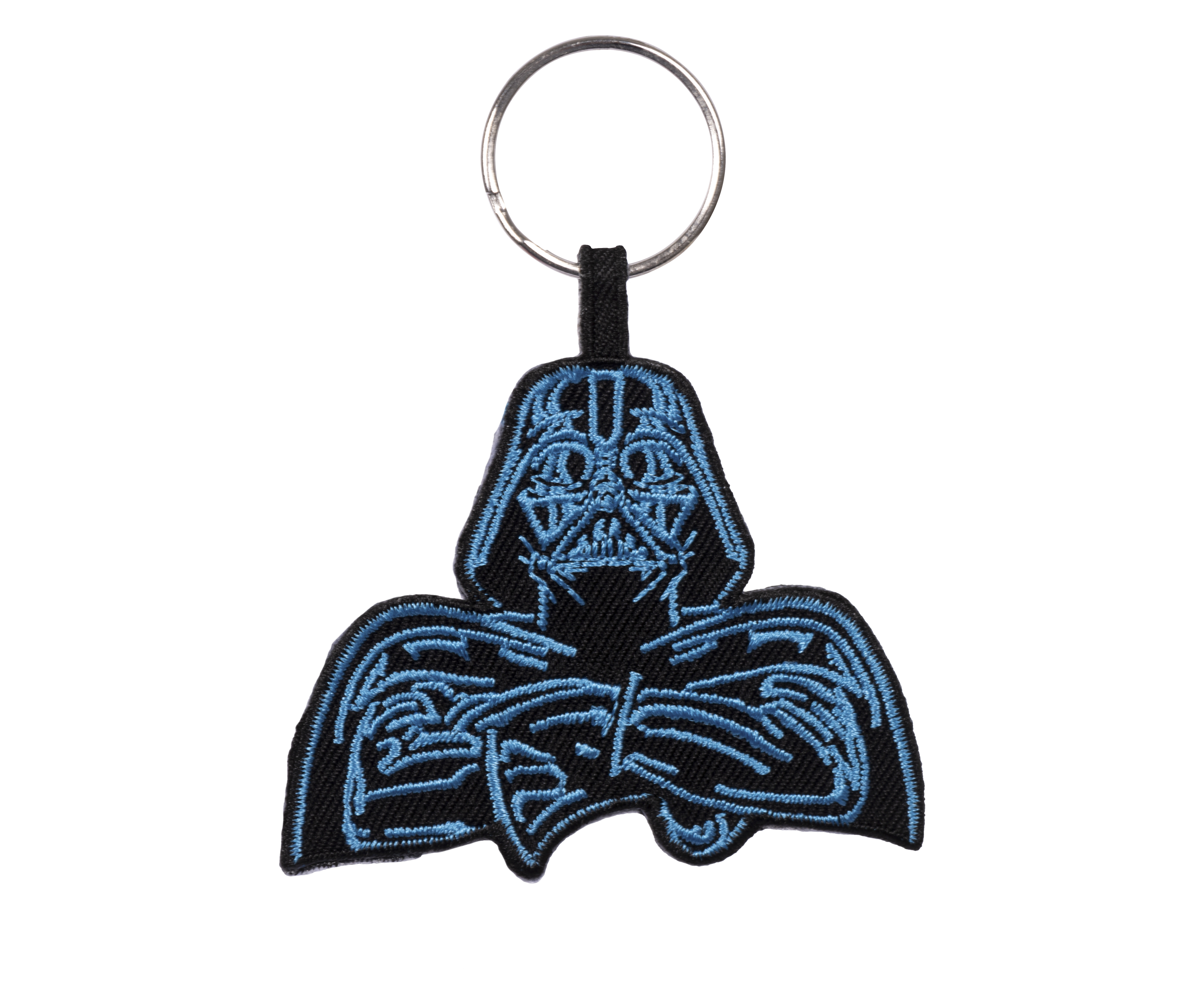Star Wars Darth Vader Schlüsselanhänger. Schwarz mit blauen Designs und einem silbernen Schlüsselring.