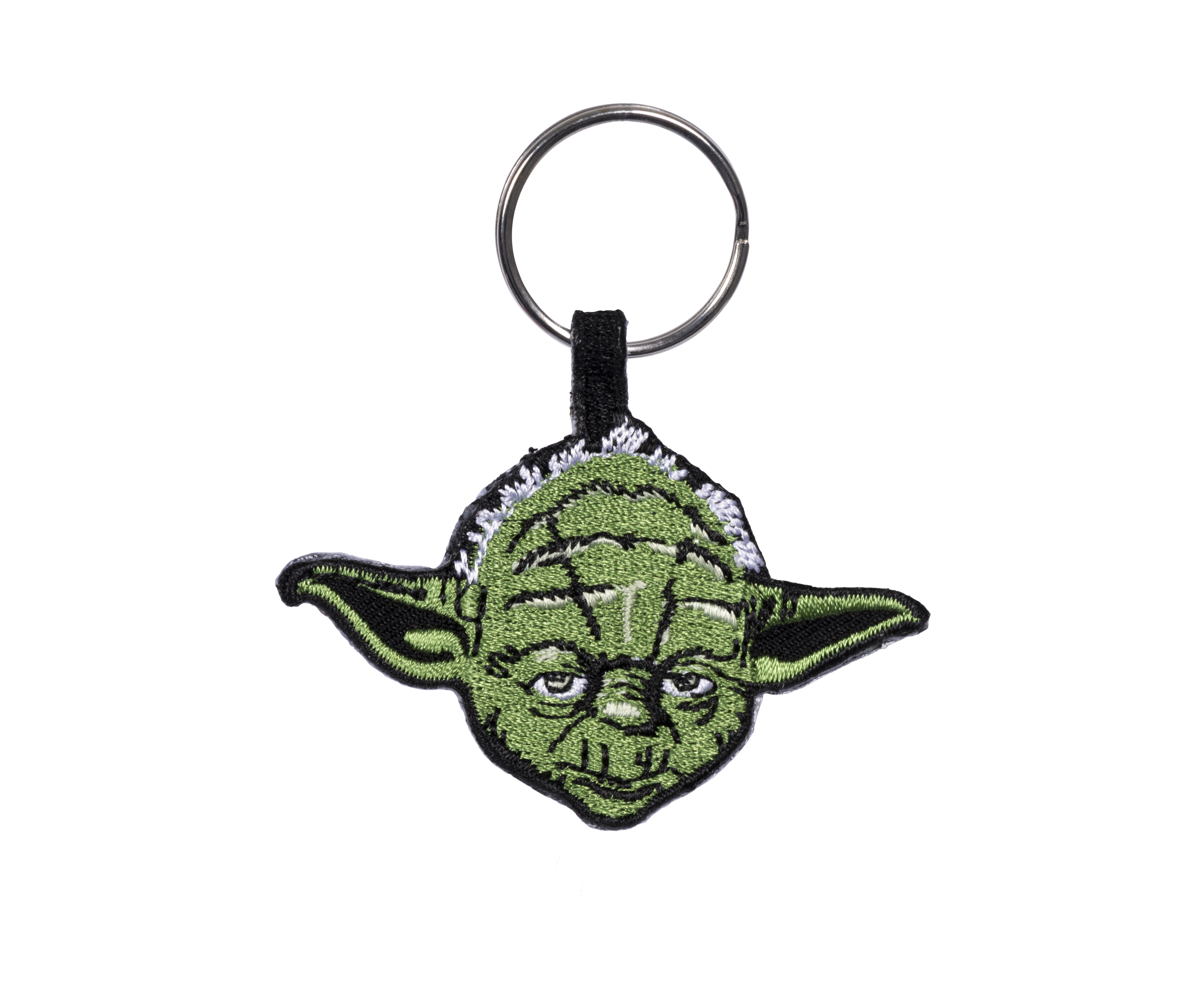 Yoda-Schlüsselanhänger, grünes Gesicht mit weißen Haaren und Metallring.