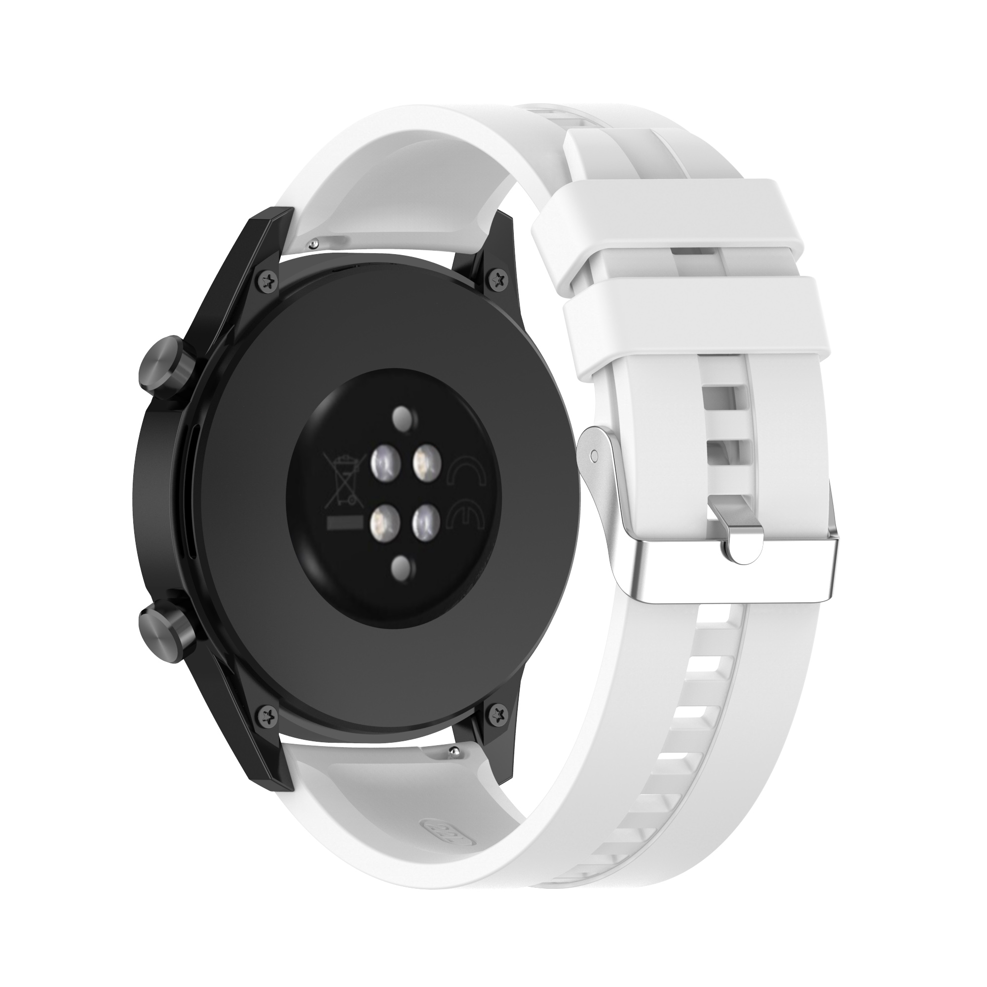 Schwarz-weiße Smartwatch mit weißem Armband.