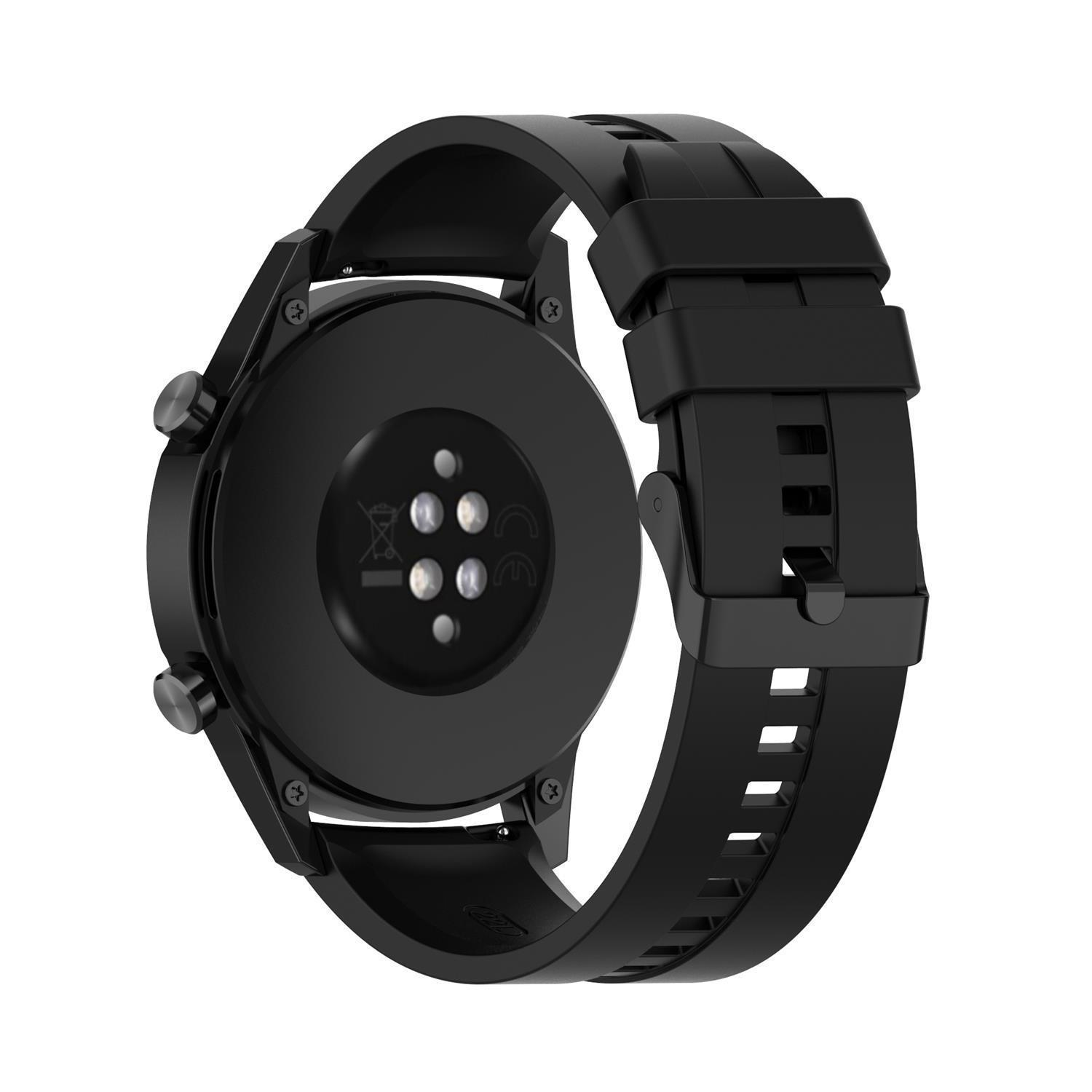 Schwarze Smartwatch, Rückansicht. Sensoren und ein schwarzes Armband sind angebracht.