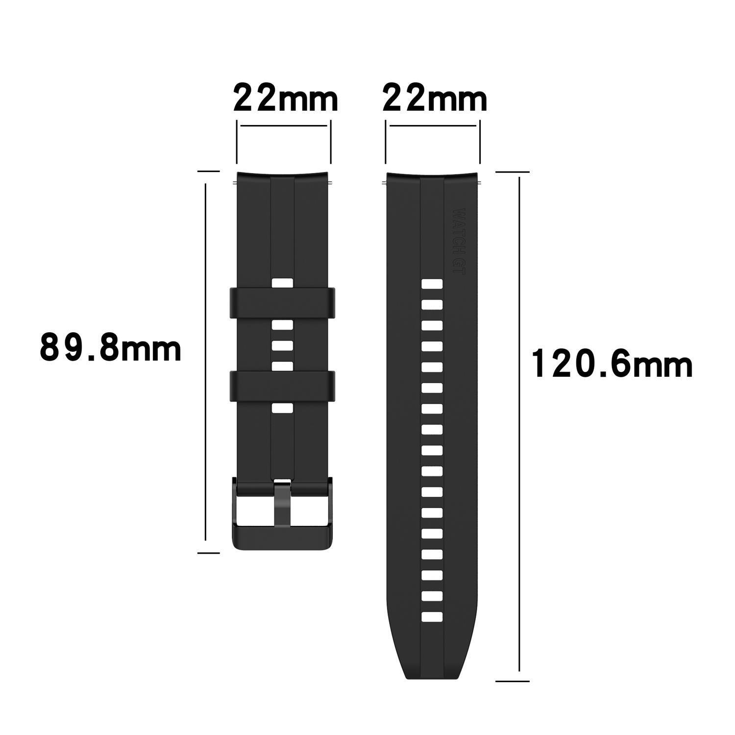 Schwarzes Uhrenarmband mit Abmessungen: 22 mm, 89,8 mm und 120,6 mm. Zwei Armbänder werden gezeigt.