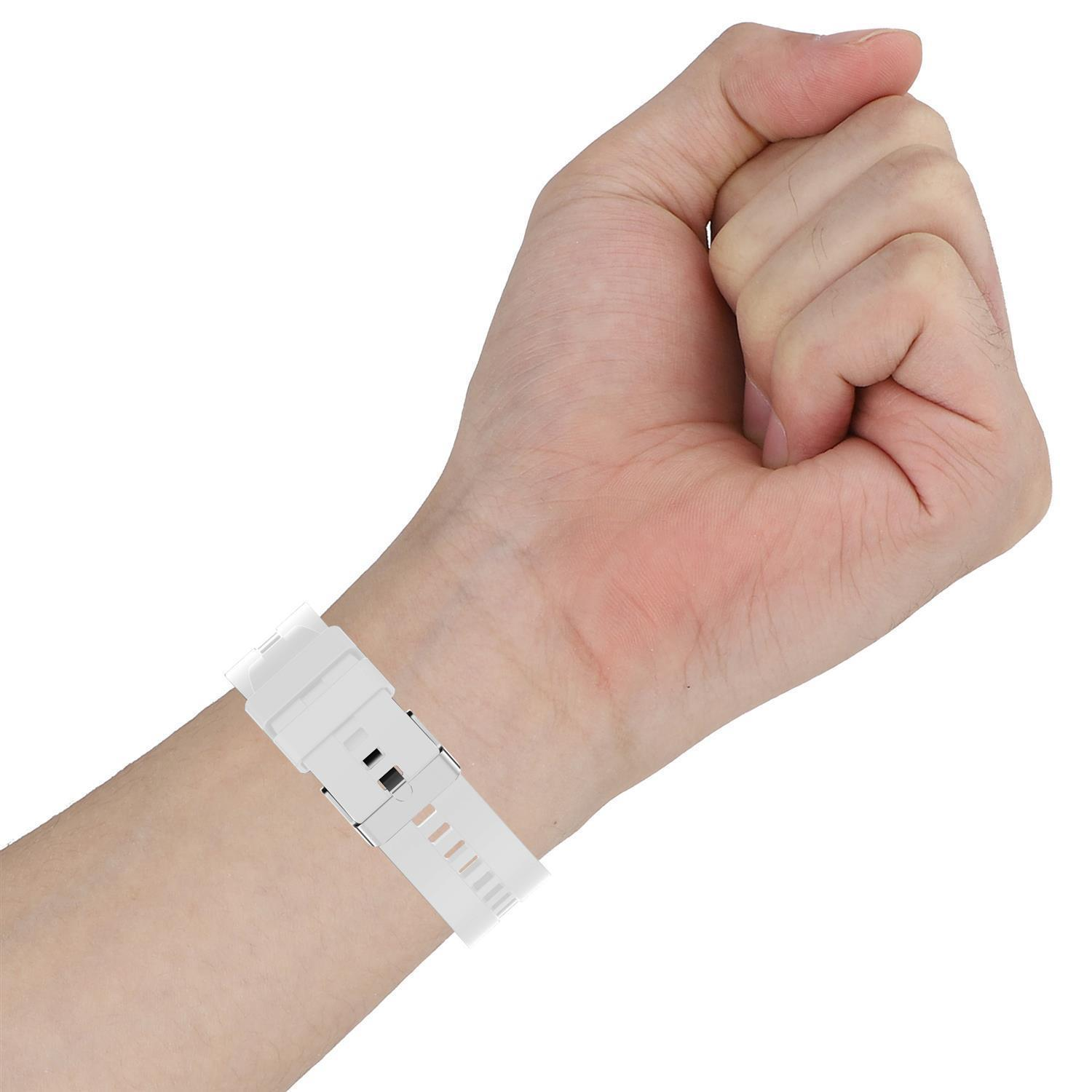 Ein Handgelenk mit einem weißen Armband. Das Band ist geschnallt und die Hand ist entspannt.