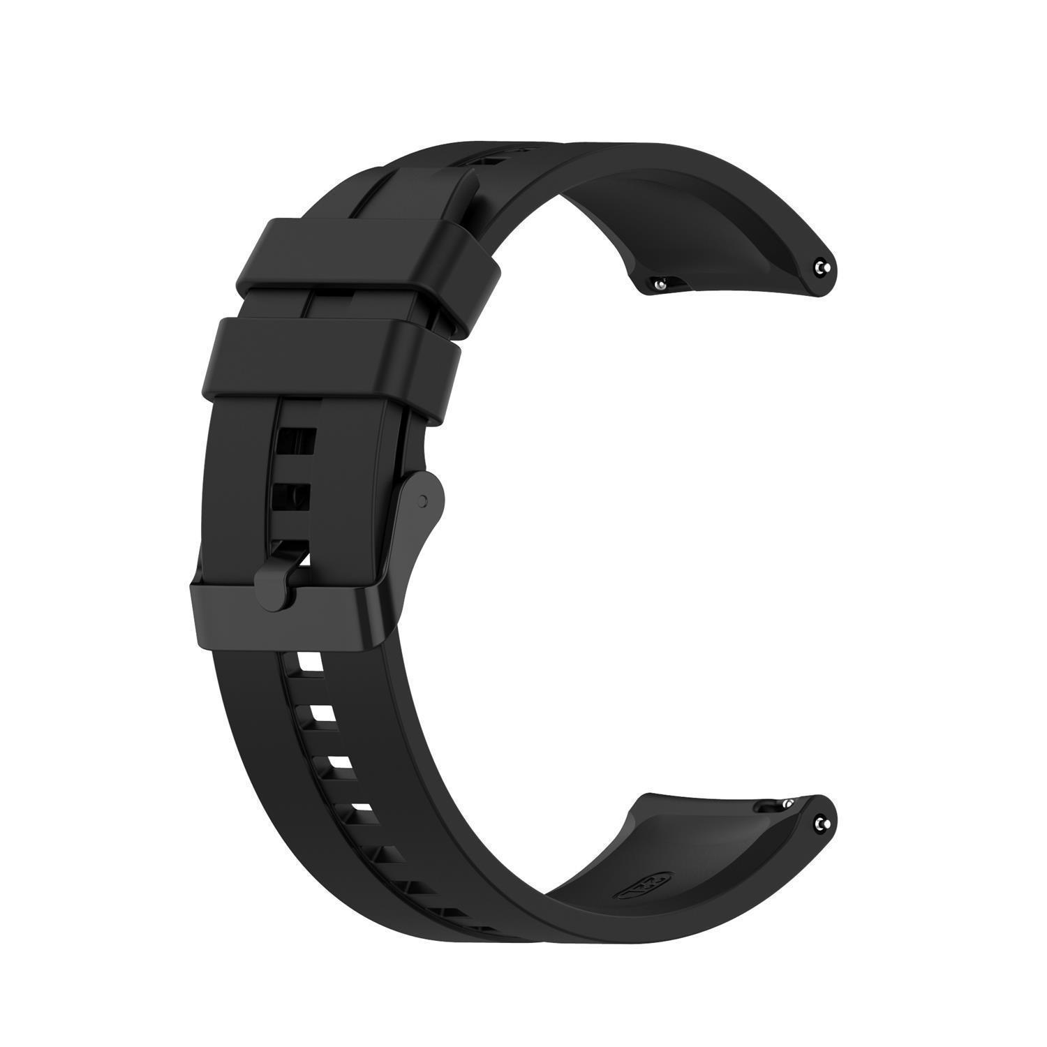 Schwarzes Uhrenarmband mit Schnalle, fotografiert vor weißem Hintergrund.