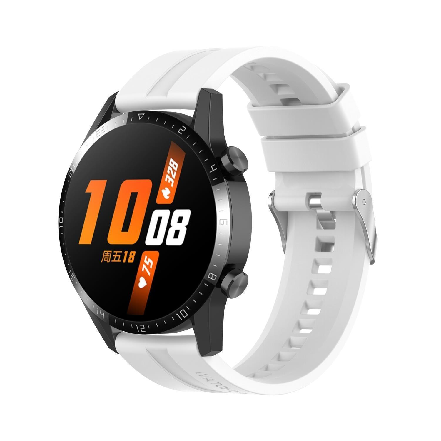 Eine schwarze Smartwatch mit weißem Armband, die Zeit und Gesundheitsmetriken anzeigt.