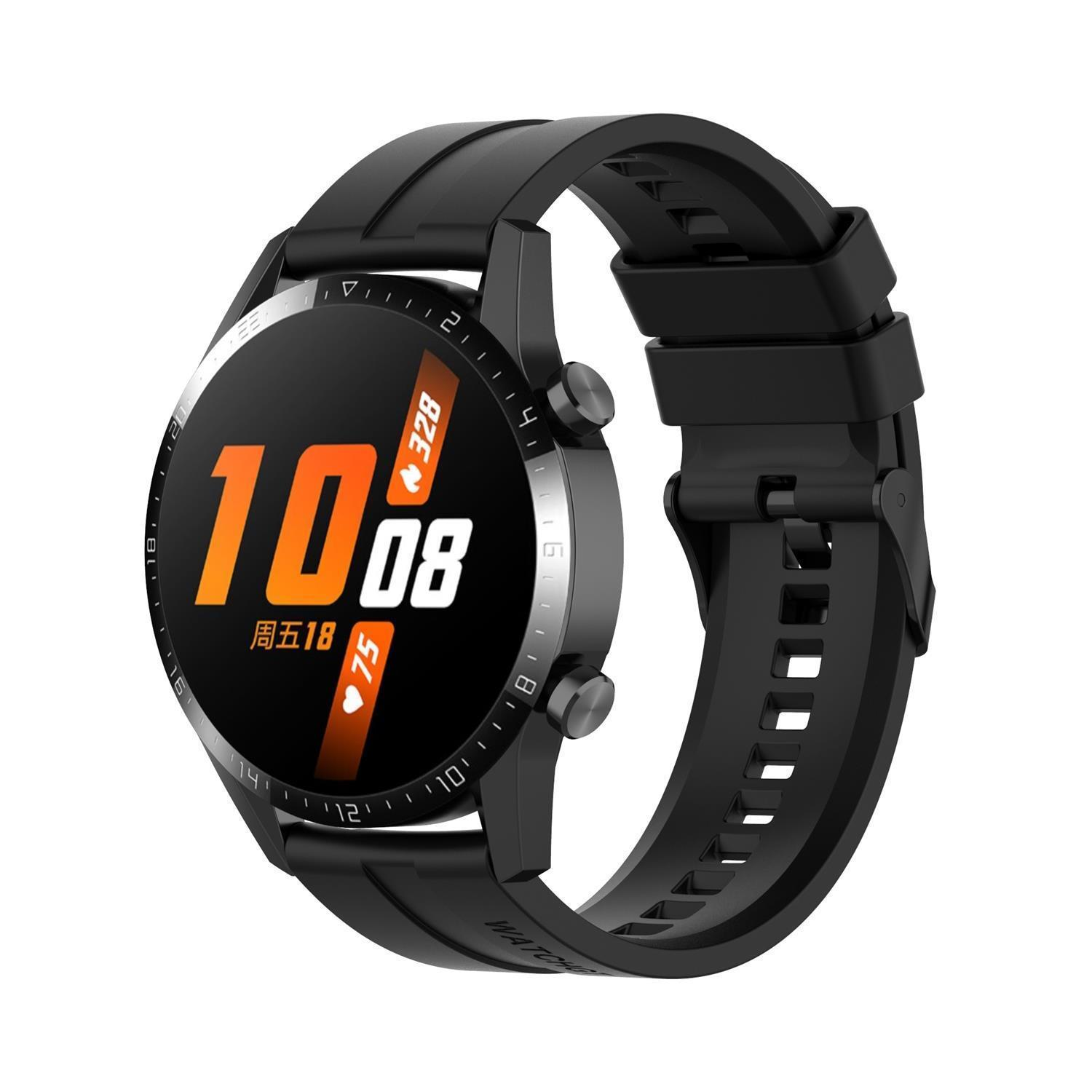 Schwarze Smartwatch mit rundem Bildschirm. Der Bildschirm zeigt Uhrzeit und Herzfrequenz an.
