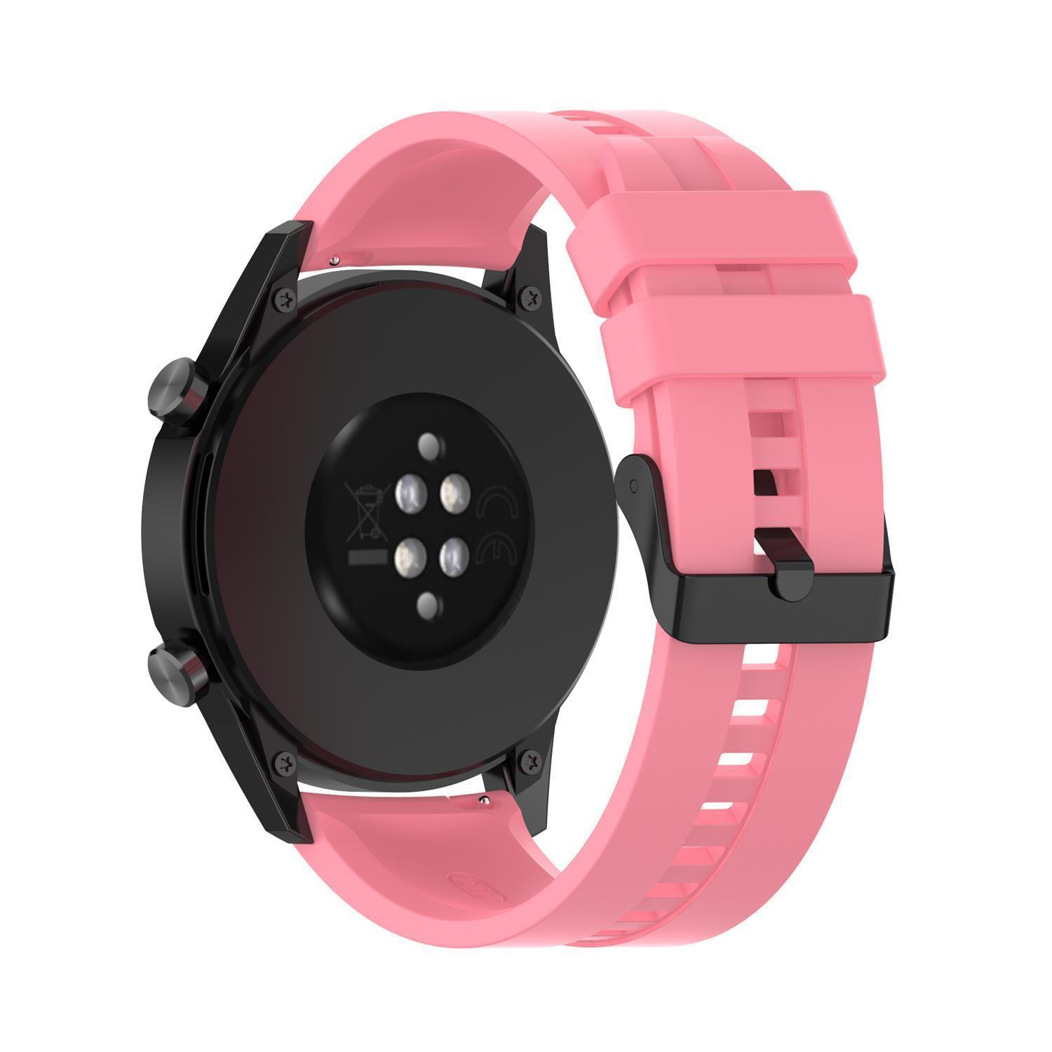 Smartwatch mit pinkfarbenem Armband und schwarzem Zifferblatt. Die Rückseite zeigt Sensoren und Branding.