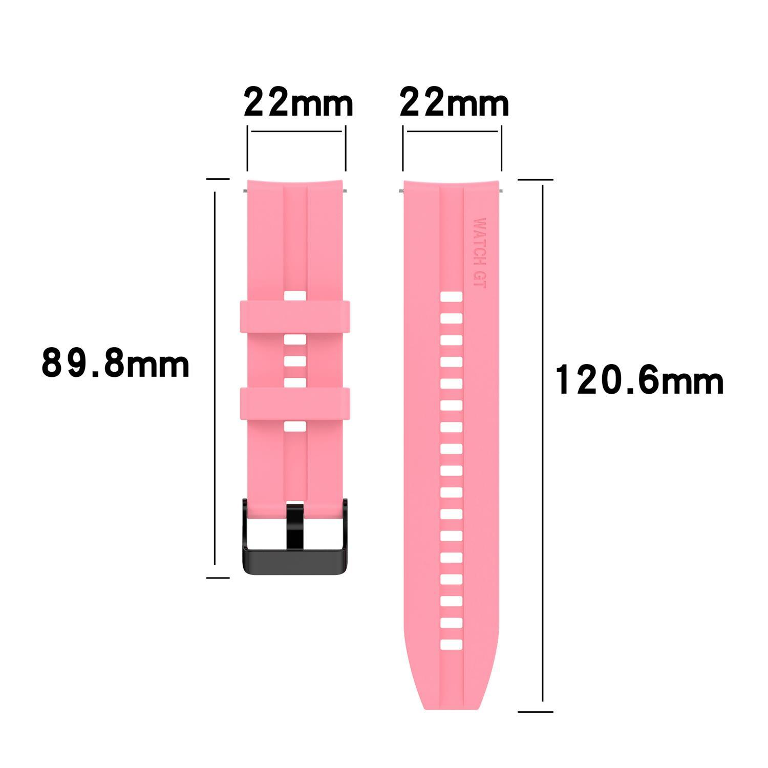 Zwei rosa Uhrenarmbänder mit schwarzen Verschlüssen. Eines hat Maße und das andere trägt die Aufschrift 'WATCH GT'.
