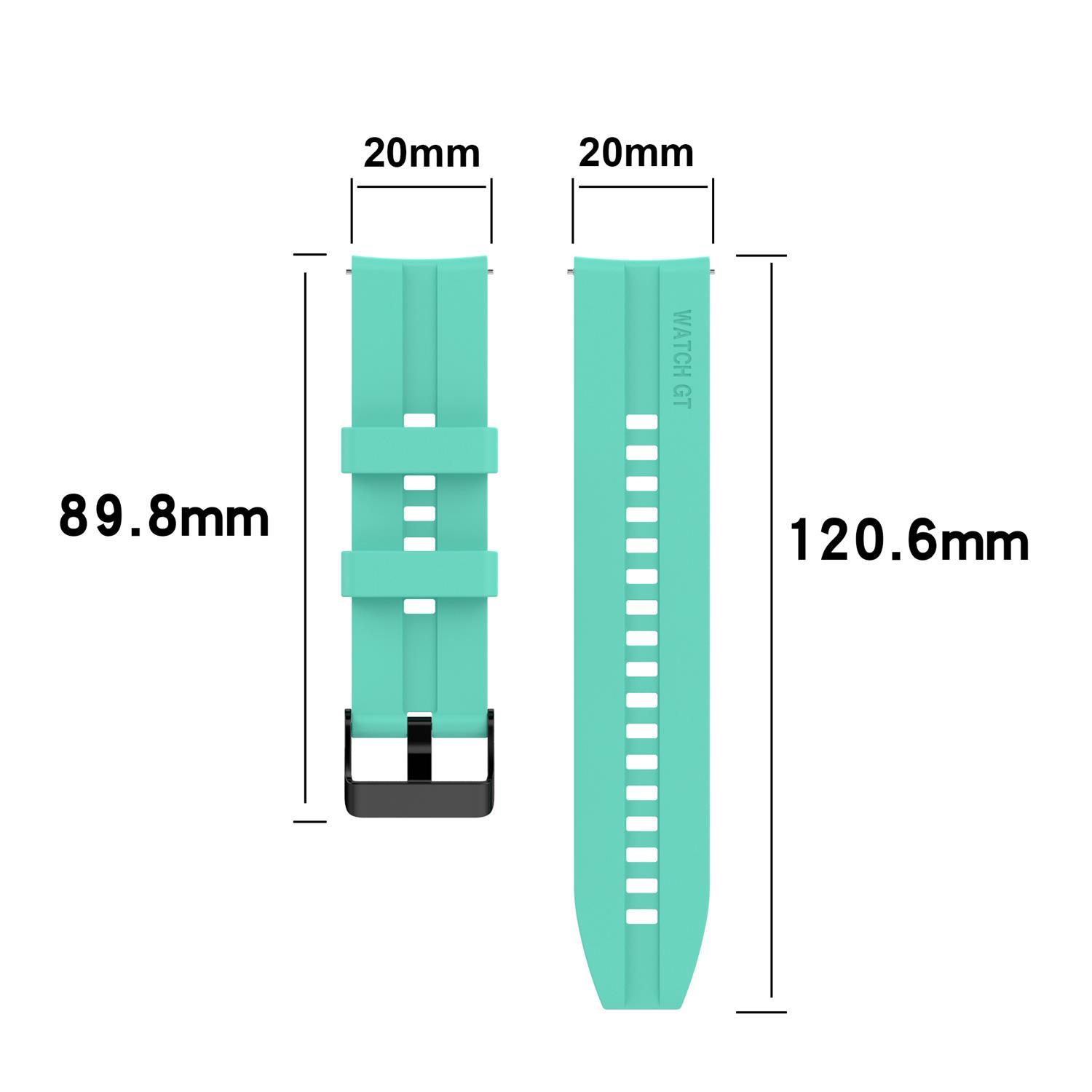 Türkisfarbenes Uhrenarmband, Maße angegeben. Ein Band hat Löcher, das andere Kerben.