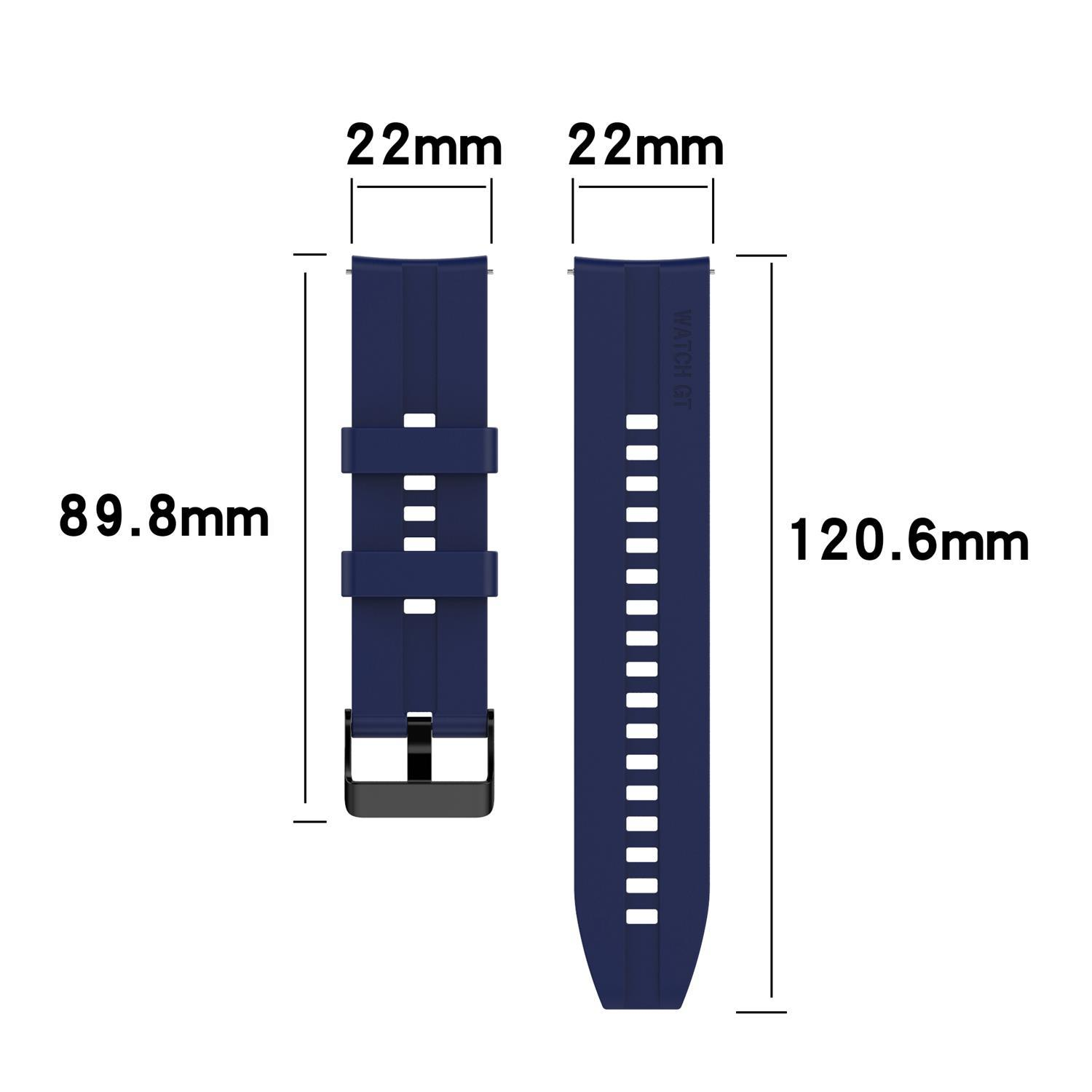 Blaues Uhrenarmband, 22 mm breit, mit Schnalle und Maßangaben.