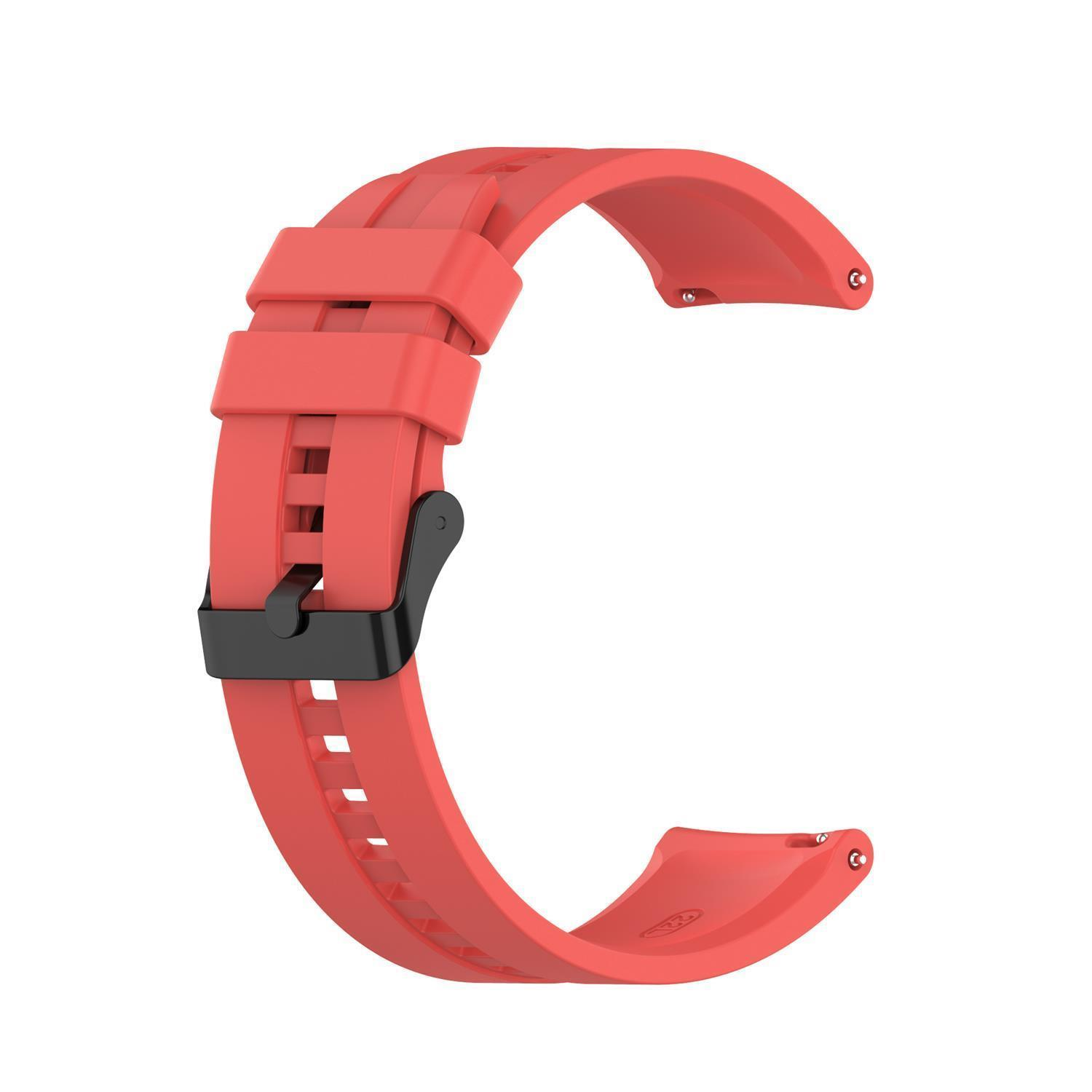 Ein offenes, rotes Uhrenarmband mit einer schwarzen Schnalle.
