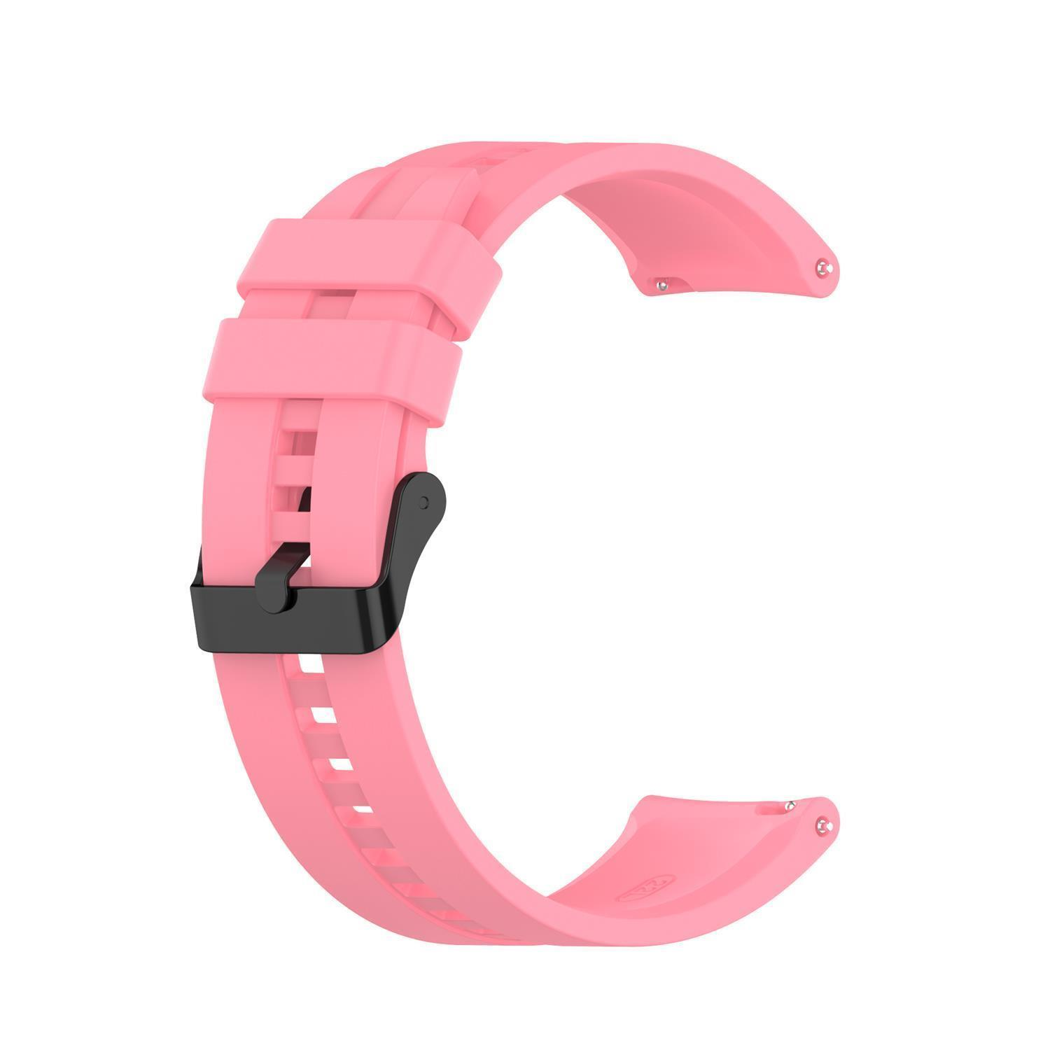 Rosa Uhrenarmband mit schwarzer Schnalle. Das Armband ist gebogen und hat Löcher zur Anpassung.
