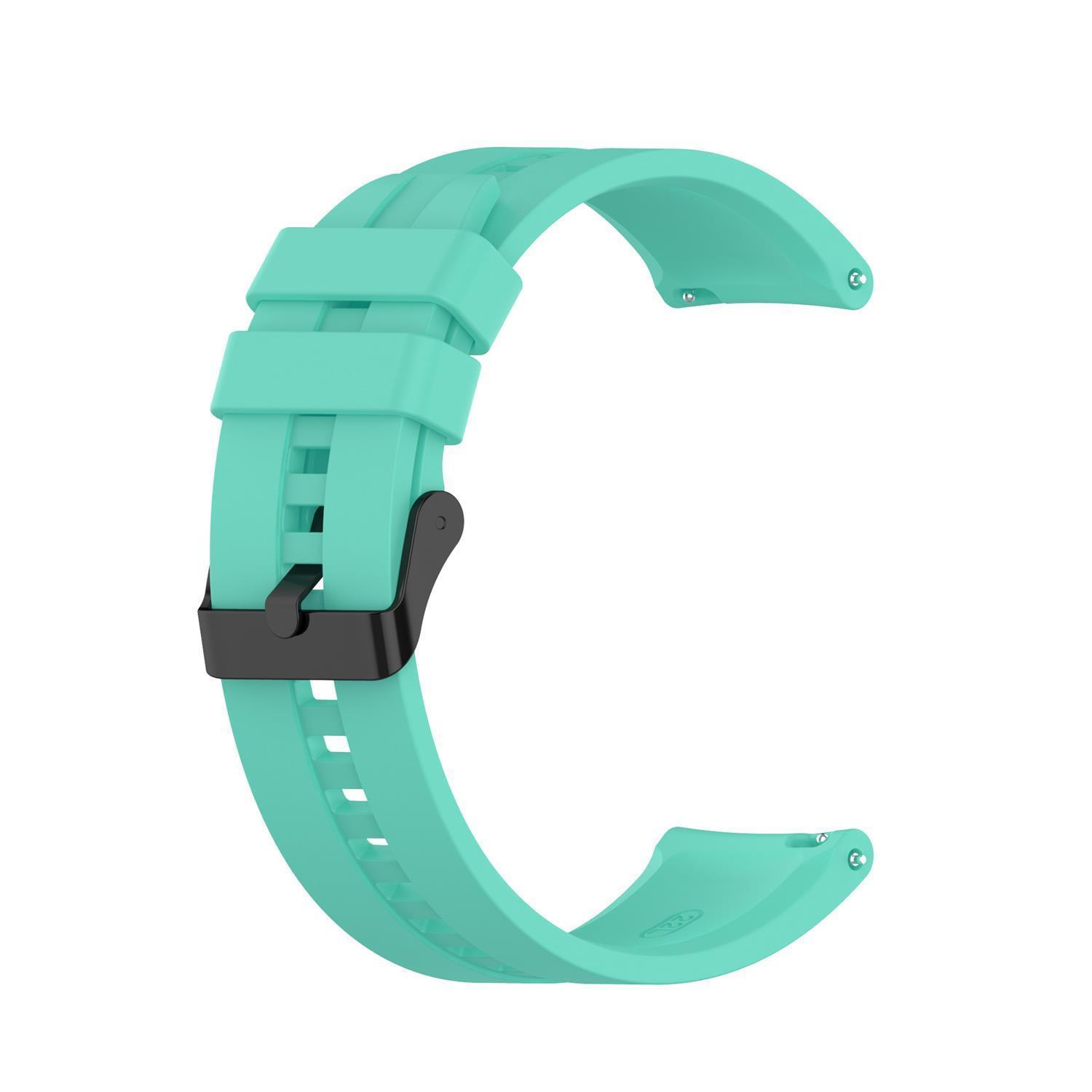 Ein hellgrünes Uhrenarmband mit schwarzer Schnalle. Das Armband ist C-förmig gebogen.