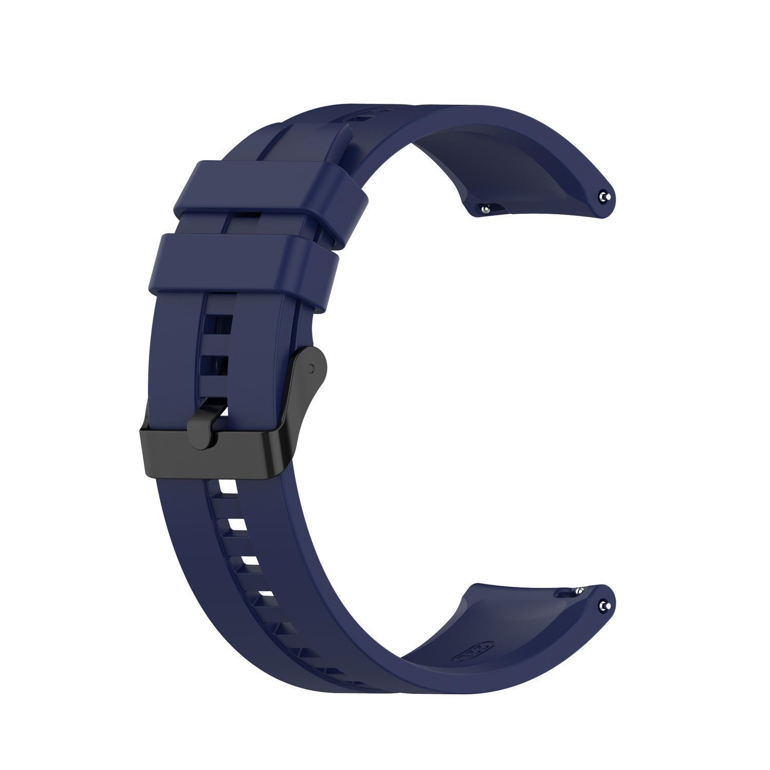 Ein dunkelblaues Uhrenarmband mit schwarzer Schnalle.