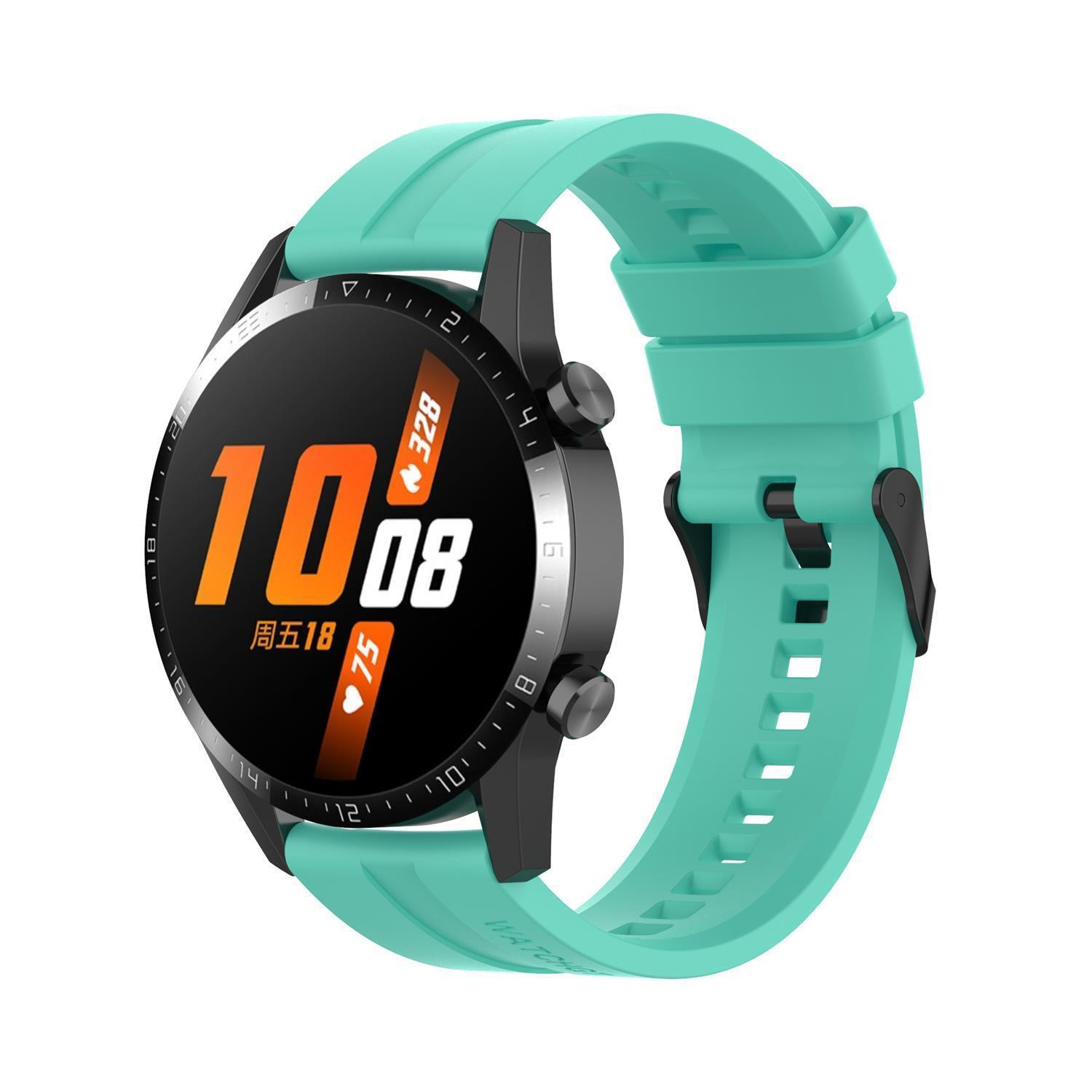 Smartwatch mit türkisfarbenem Armband. Schwarzes Gehäuse und Bildschirm mit Zahlen. Weißer Hintergrund.