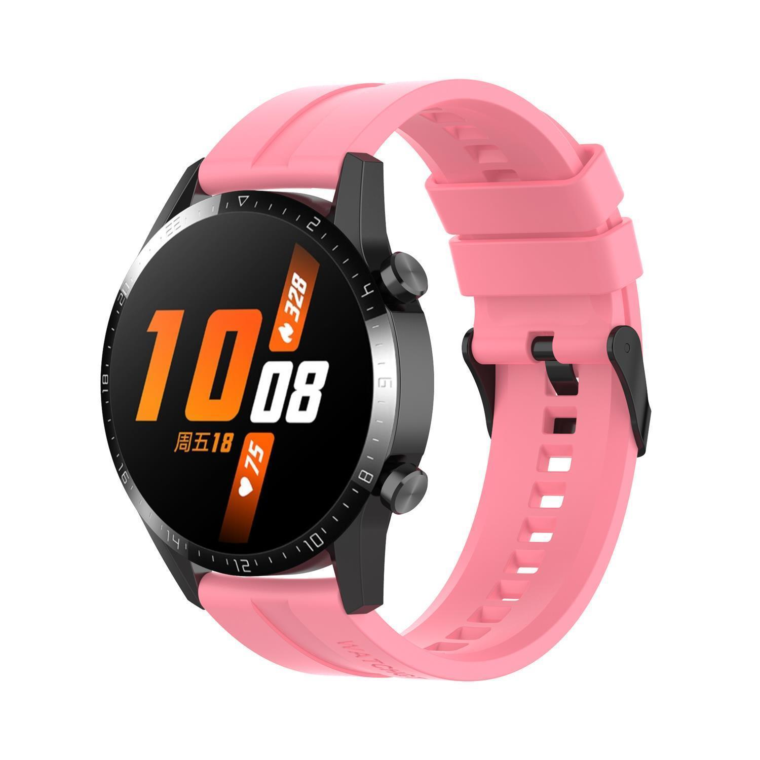 Pinke Smartwatch mit schwarzer Lünette und Band, zeigt Uhrzeit und Herzfrequenz. Hat zwei Knöpfe an der Seite.