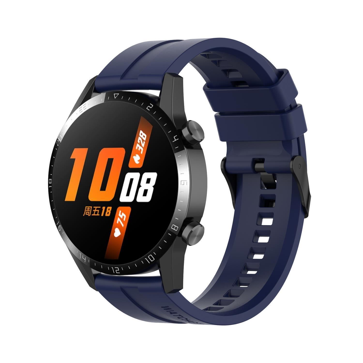 Smartwatch mit blauem Armband, schwarzem Gehäuse und digitalem Display.