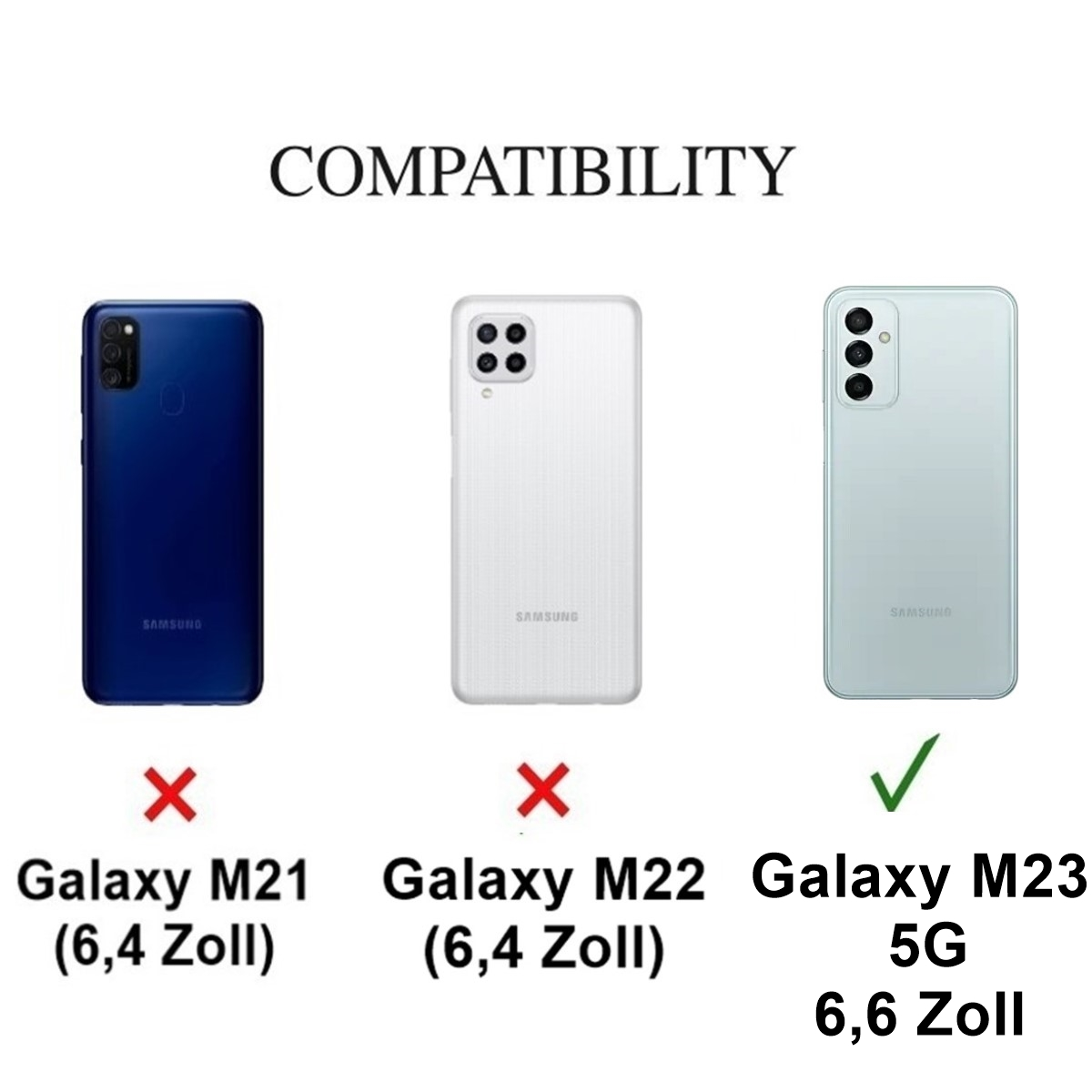 Vergleich von Telefonmodellen. Galaxy M23 5G kompatibel, andere nicht.