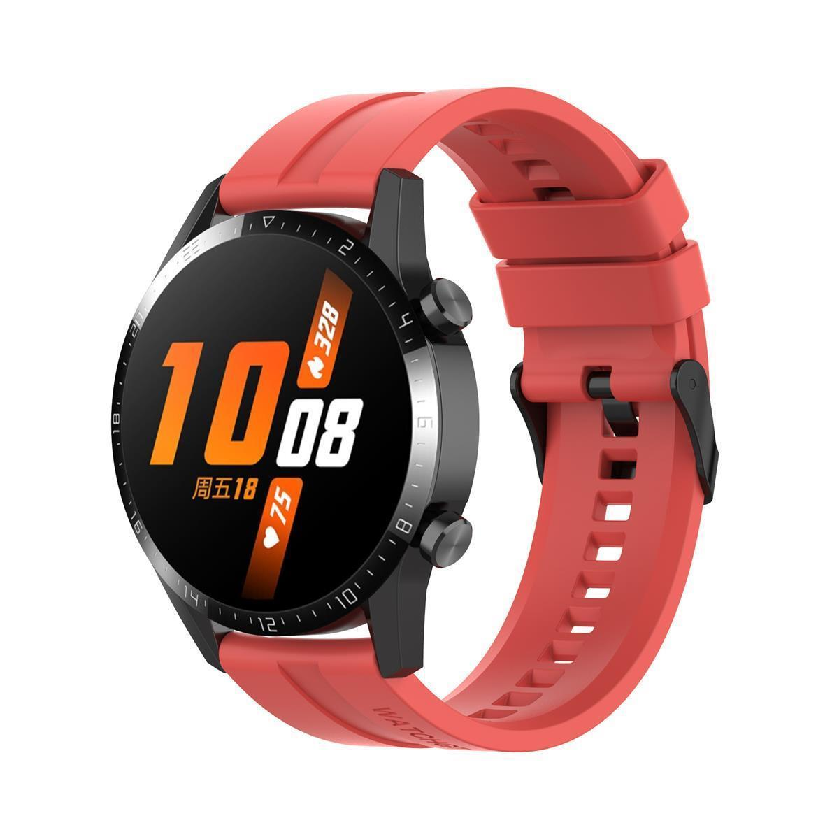Rote Smartwatch auf weißer Oberfläche. Zeigt Zeit und Herzfrequenz an. Rotes Armband.