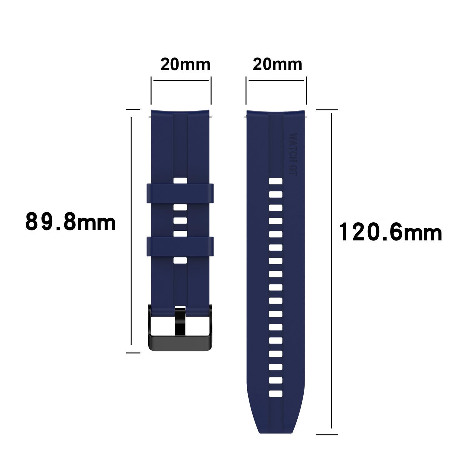 Zwei dunkelblaue Uhrenarmbänder mit schwarzer Schnalle. Maße sind markiert: 89,8 mm und 120,6 mm.