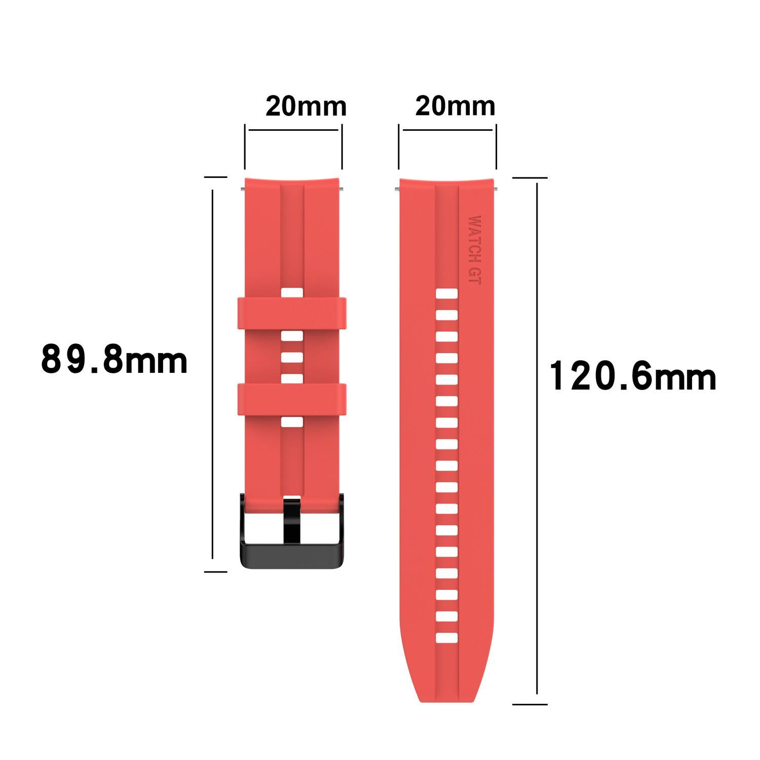 Rotes Uhrenarmband mit 20 mm Breite und Abmessungen auf weißem Hintergrund.