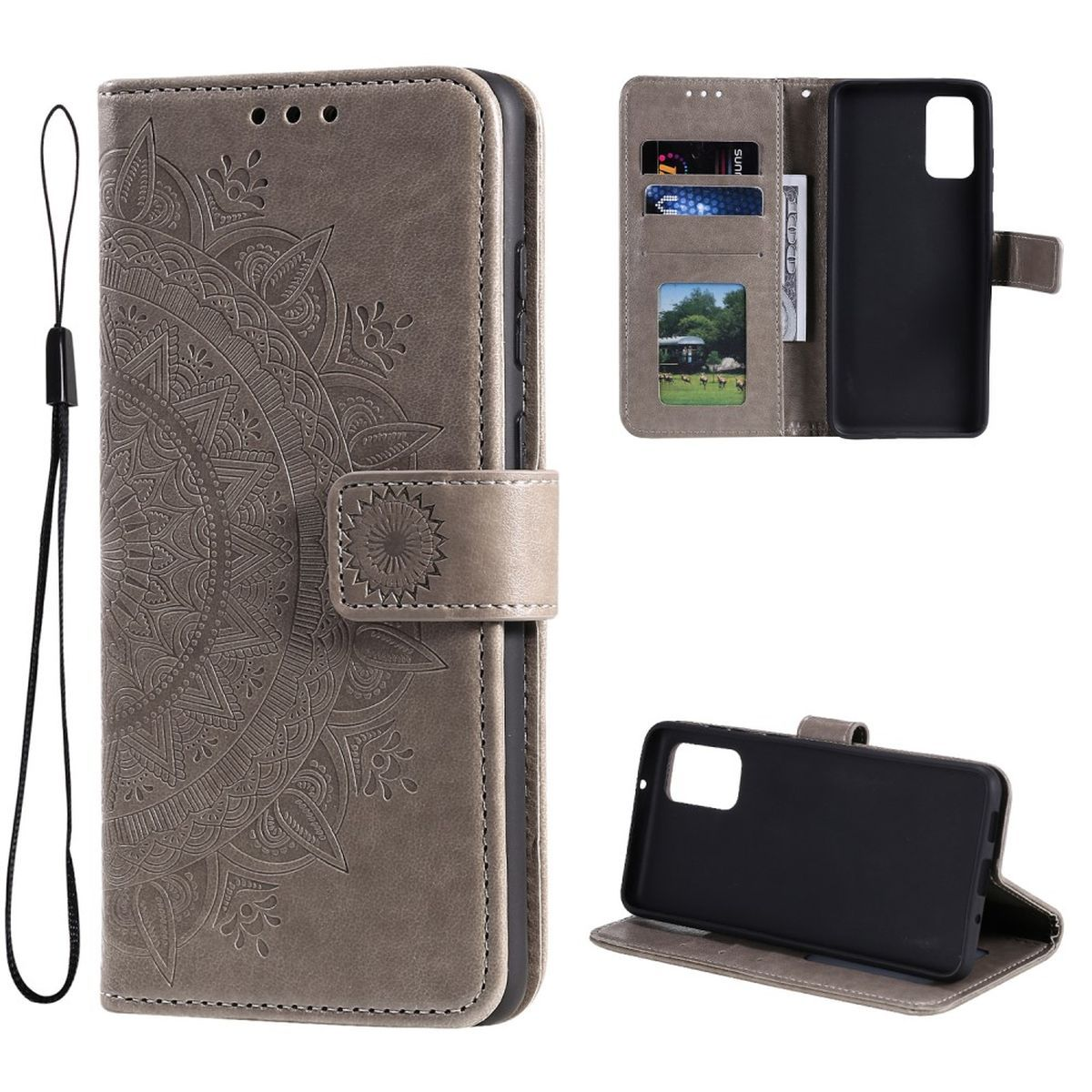 Graue Handyhülle mit Mandala-Design, hält Karten und Telefon. Mehrere Ansichten. Weißer Hintergrund.