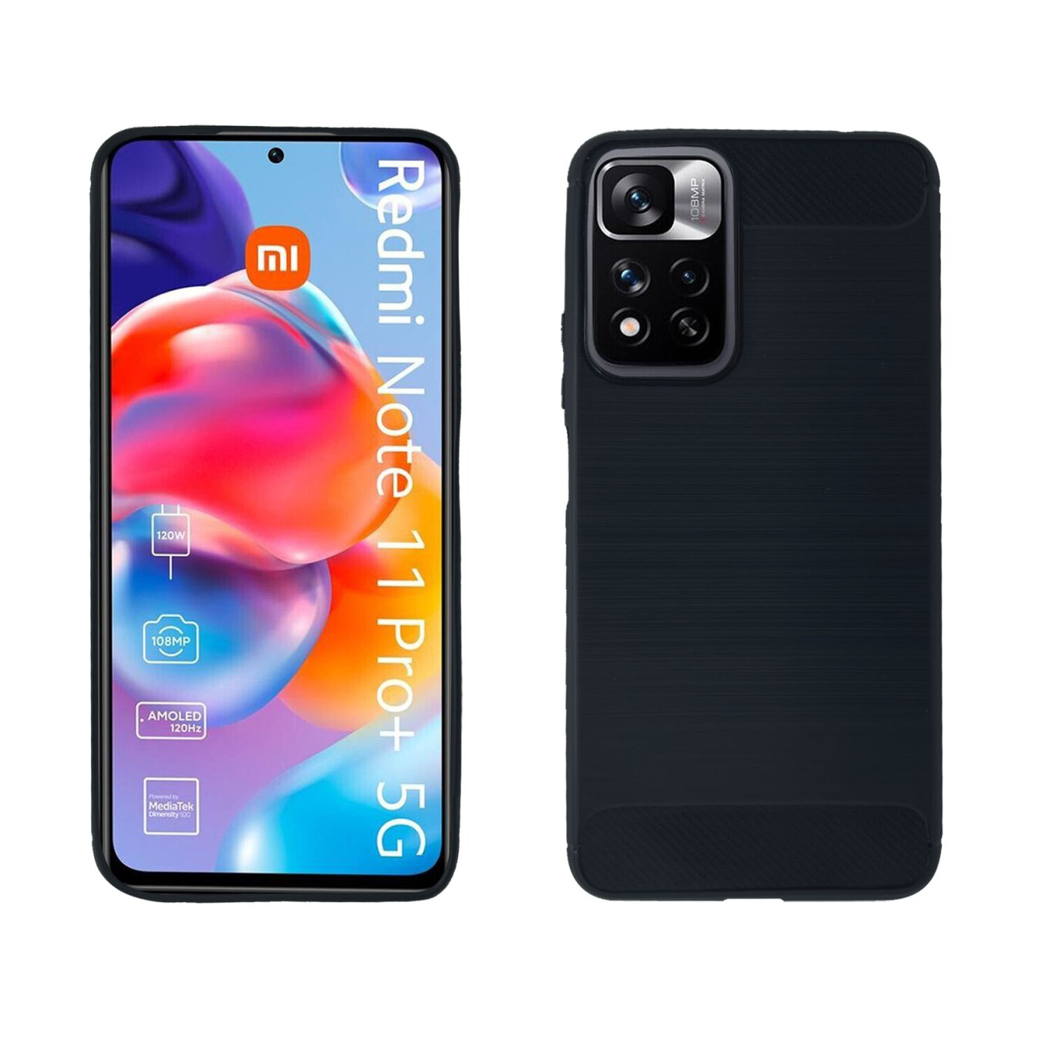 Smartphone in schwarzem Gehäuse. Vorderseite zeigt Bildschirm mit Grafiken. Rückseite hat Kamera und Markenlogo.