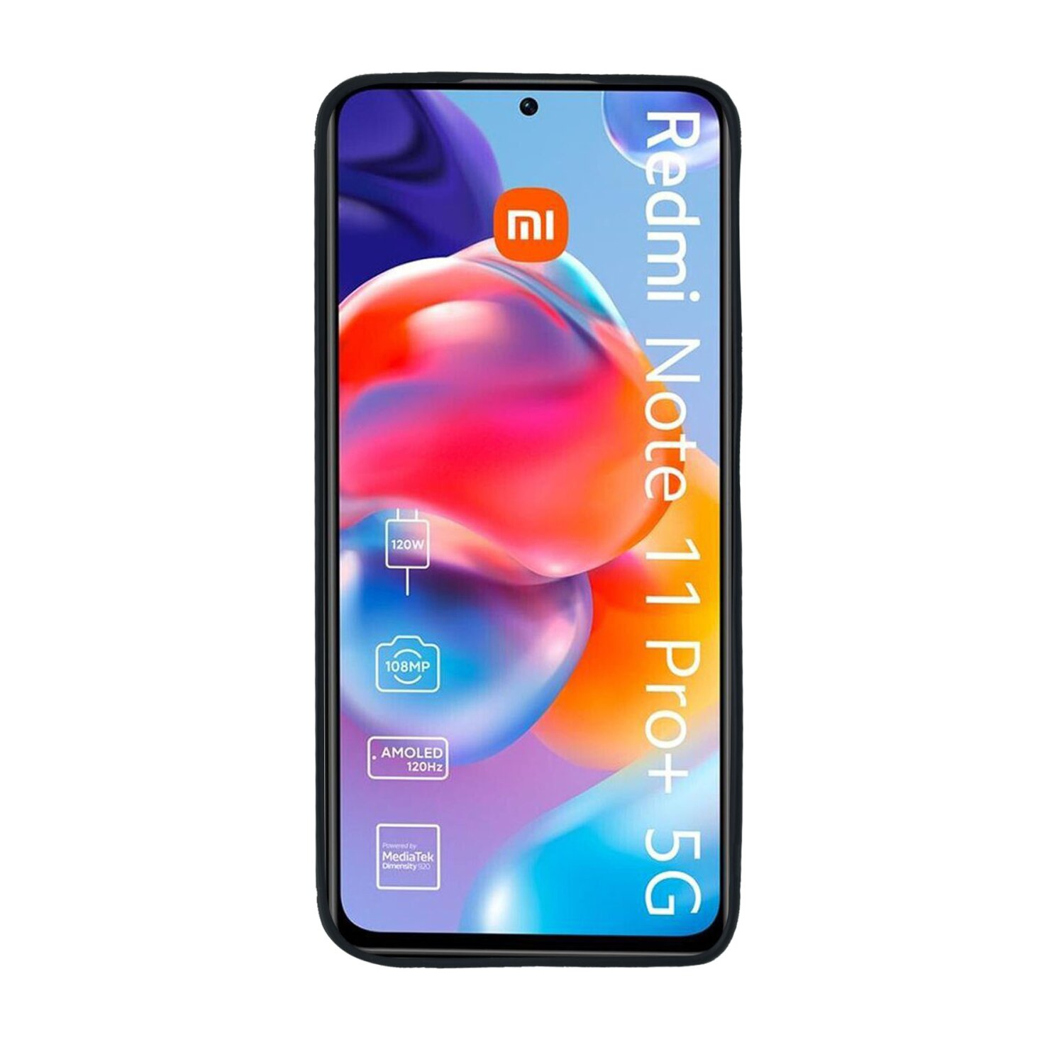 Smartphone mit schwarzem Gehäuse, Bildschirm mit farbigen Grafiken und dem Text 'Redmi Note 11 Pro+ 5G'.